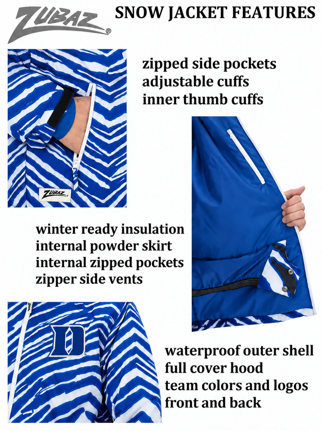 Zubaz NCAA Duke Blue Devils Adult Unisex Team Color Zebra Bleacher Blazer Snow Jacket