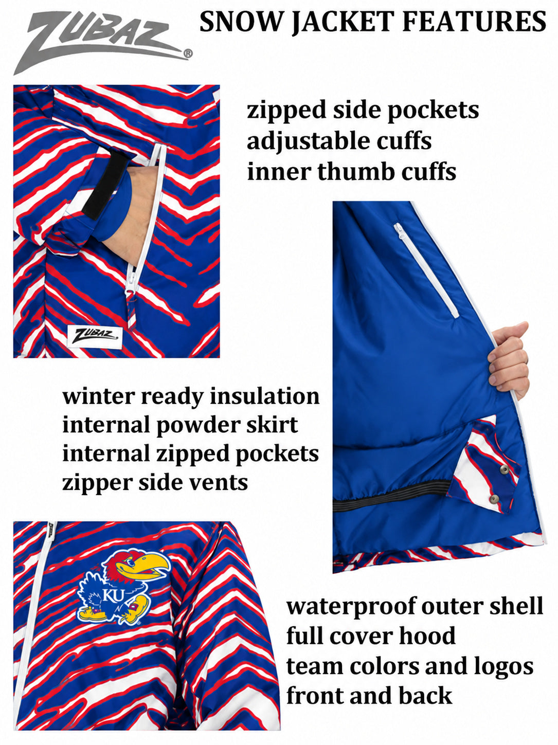 Zubaz NCAA Kansas Jayhawks Adult Unisex Team Color Zebra Bleacher Blazer Snow Jacket
