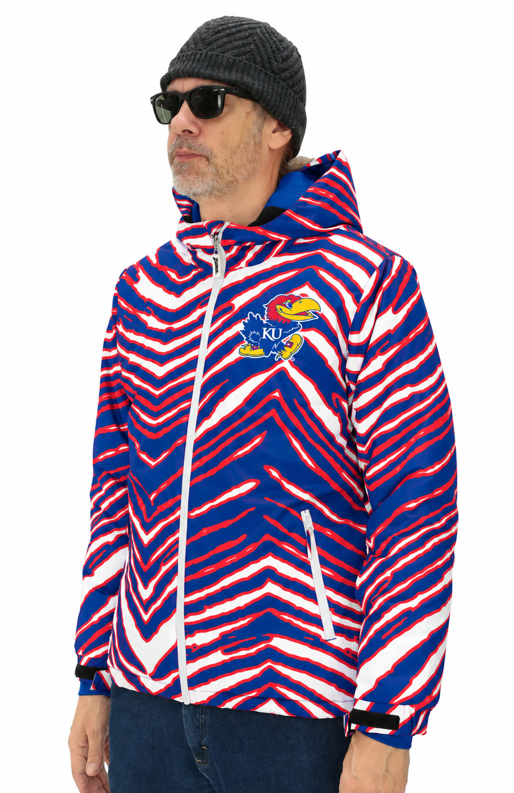 Zubaz NCAA Kansas Jayhawks Adult Unisex Team Color Zebra Bleacher Blazer Snow Jacket