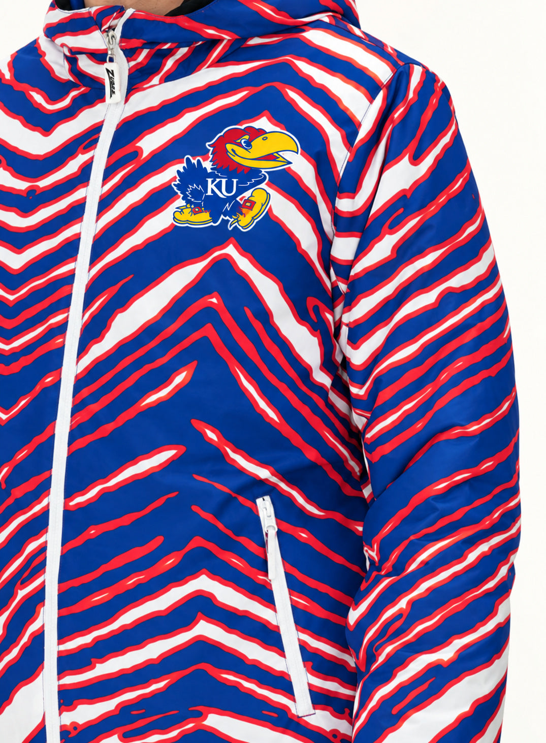 Zubaz NCAA Kansas Jayhawks Adult Unisex Team Color Zebra Bleacher Blazer Snow Jacket