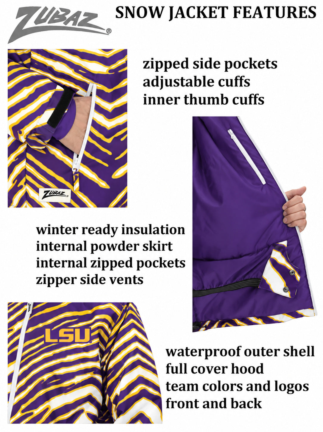 Zubaz NCAA LSU Tigers Adult Unisex Team Color Zebra Bleacher Blazer Snow Jacket