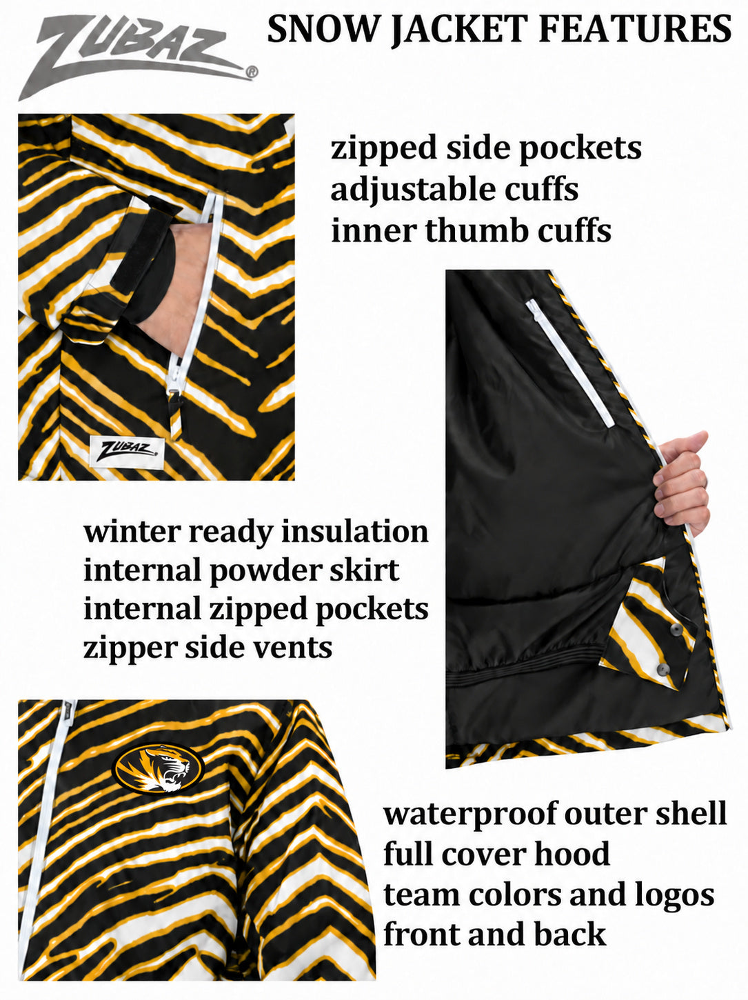 Zubaz NCAA Missouri Tigers Adult Unisex Team Color Zebra Bleacher Blazer Snow Jacket
