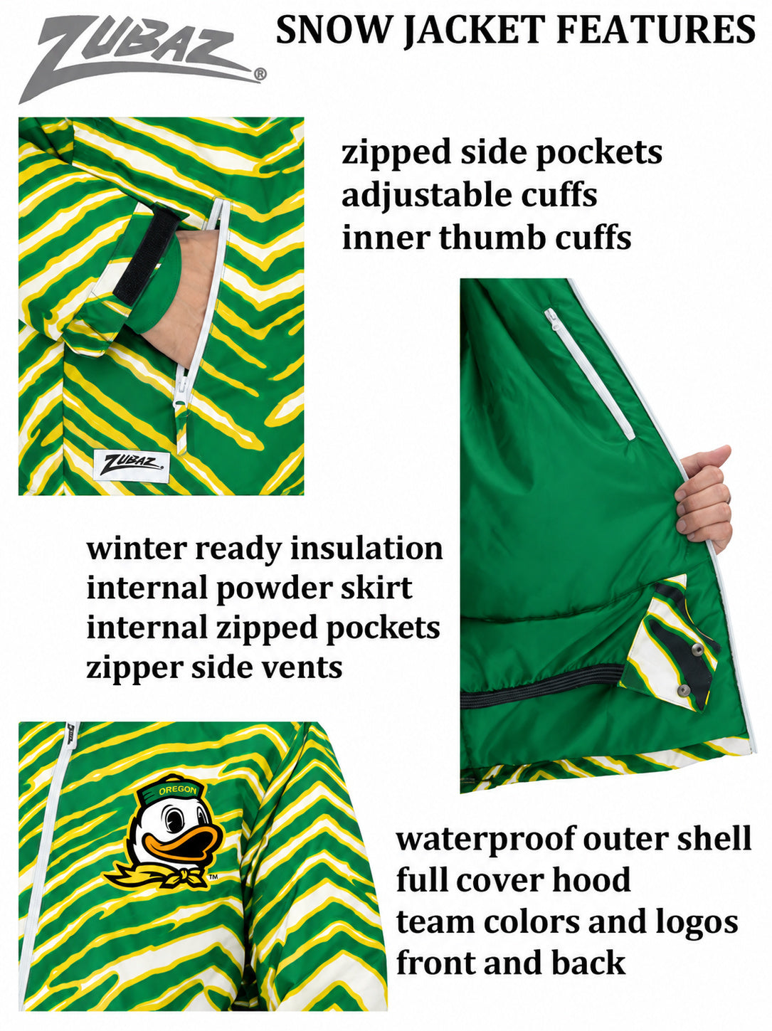 Zubaz NCAA Oregon Ducks Adult Unisex Team Color Zebra Bleacher Blazer Snow Jacket