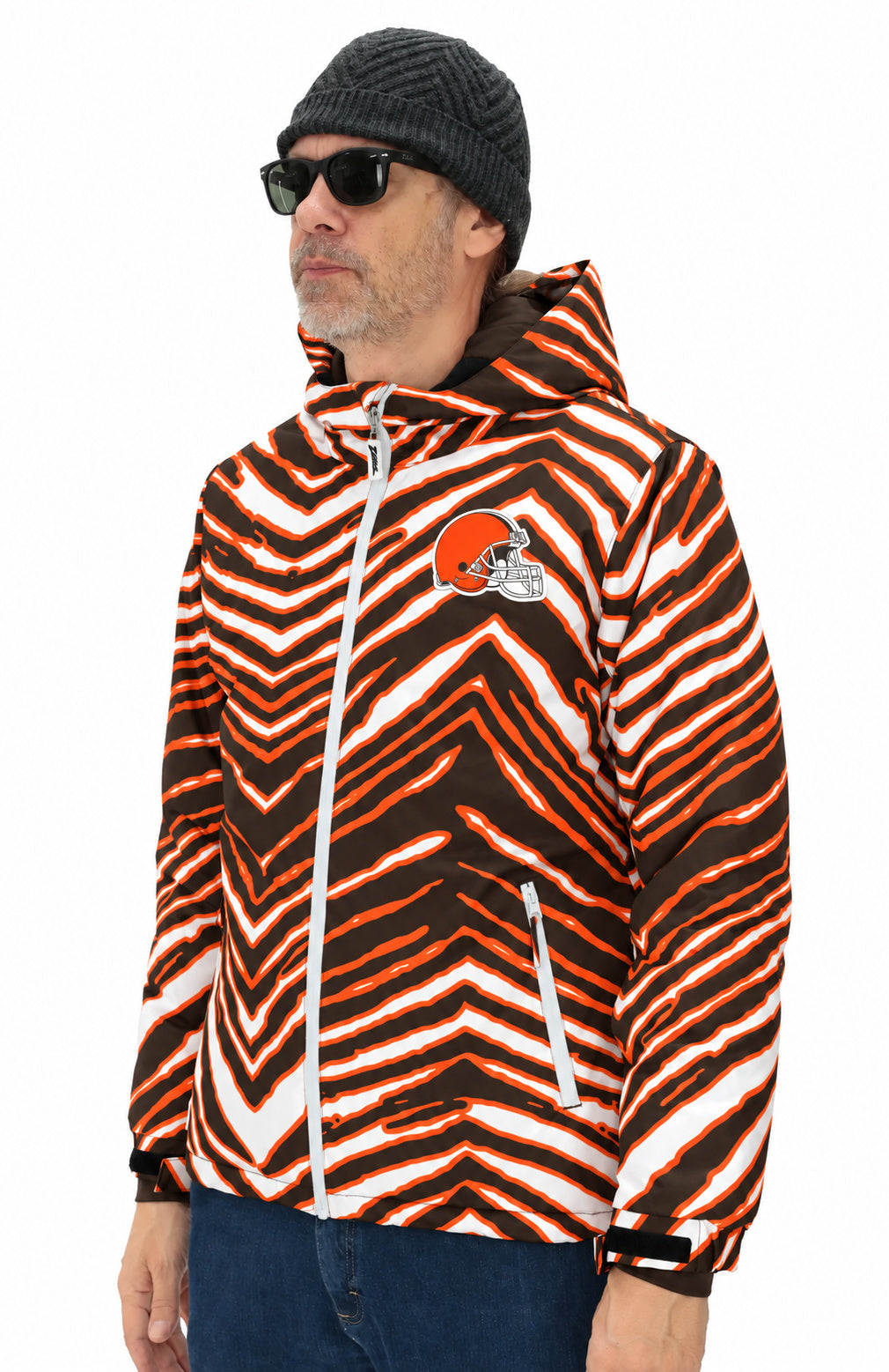 Zubaz NFL Adult Unisex Zebra Team Color Bleacher Blazer Snow Jacket, Cleveland Browns