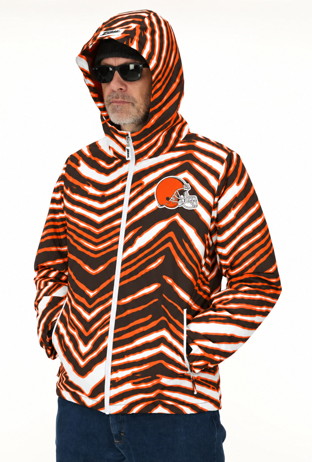 Zubaz NFL Adult Unisex Zebra Team Color Bleacher Blazer Snow Jacket, Cleveland Browns