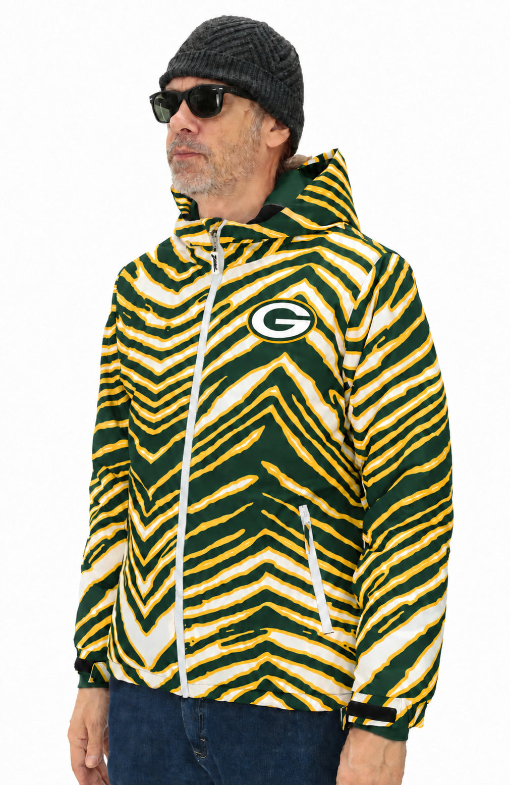 Zubaz NFL Adult Unisex Zebra Team Color Bleacher Blazer Snow Jacket, Green Bay Packers