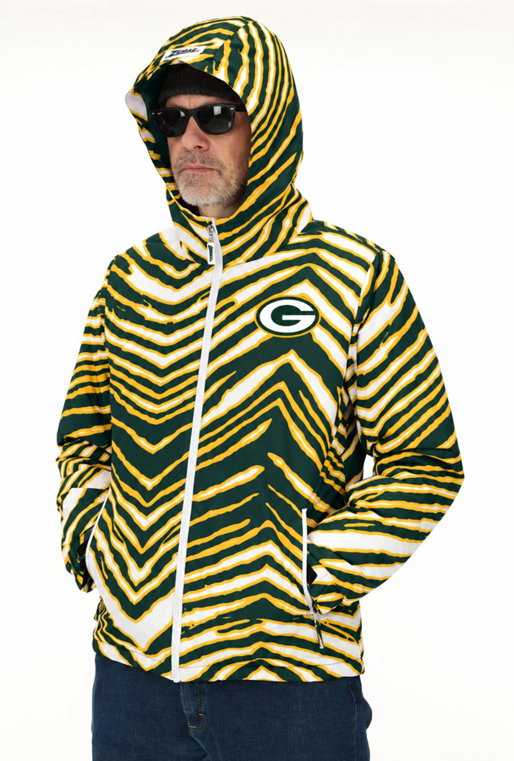 Zubaz NFL Adult Unisex Zebra Team Color Bleacher Blazer Snow Jacket, Green Bay Packers