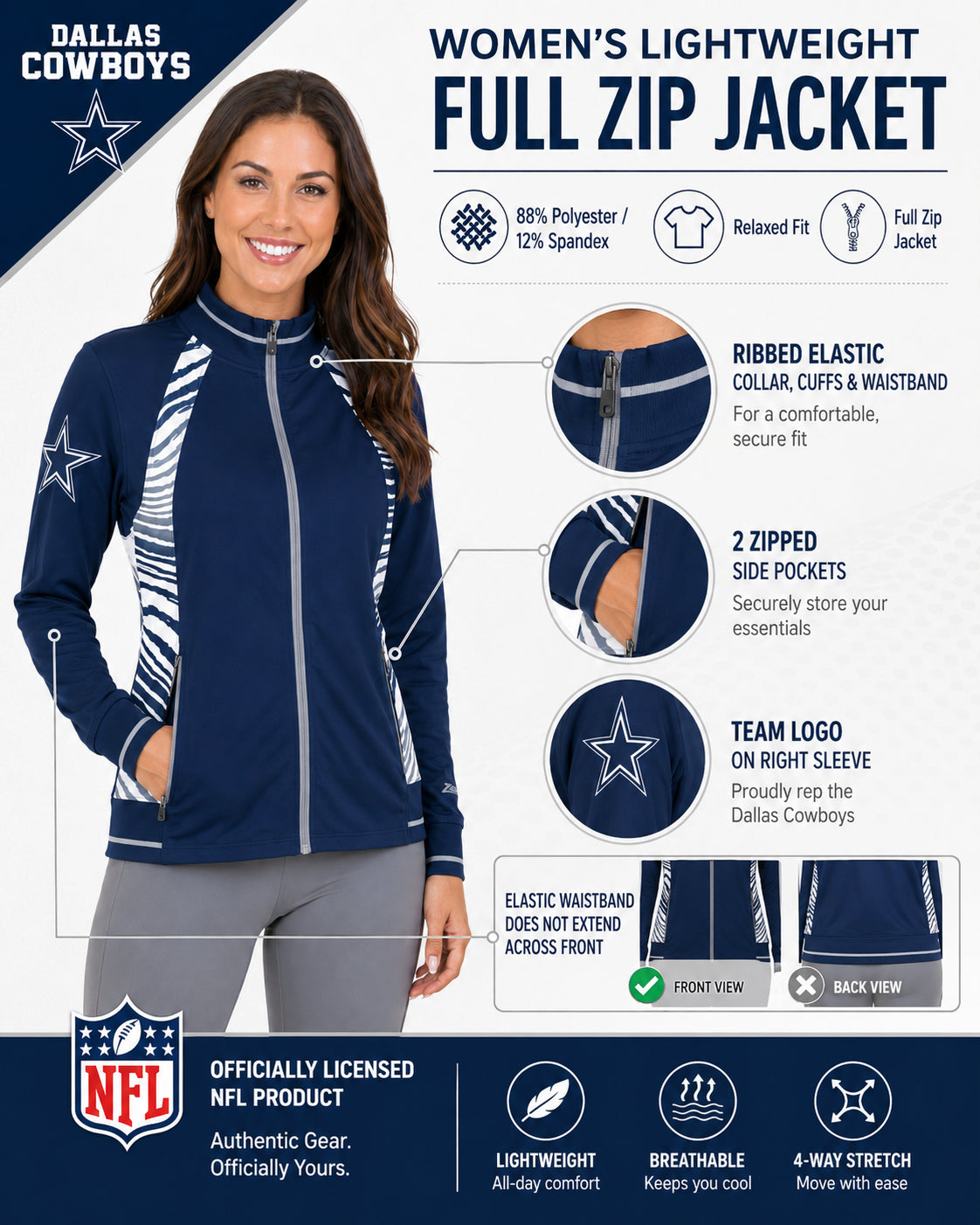 Zubaz NFL Dallas Cowboys Women's Zebra Ombre Elevated Mock Track Full-Zip Top