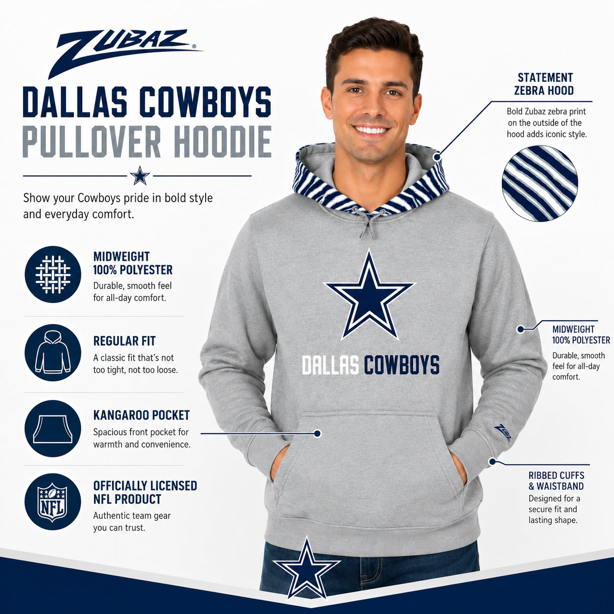 Zubaz NFL Dallas Cowboys Men's Gray 3 Color Zebra Hood Hoodie