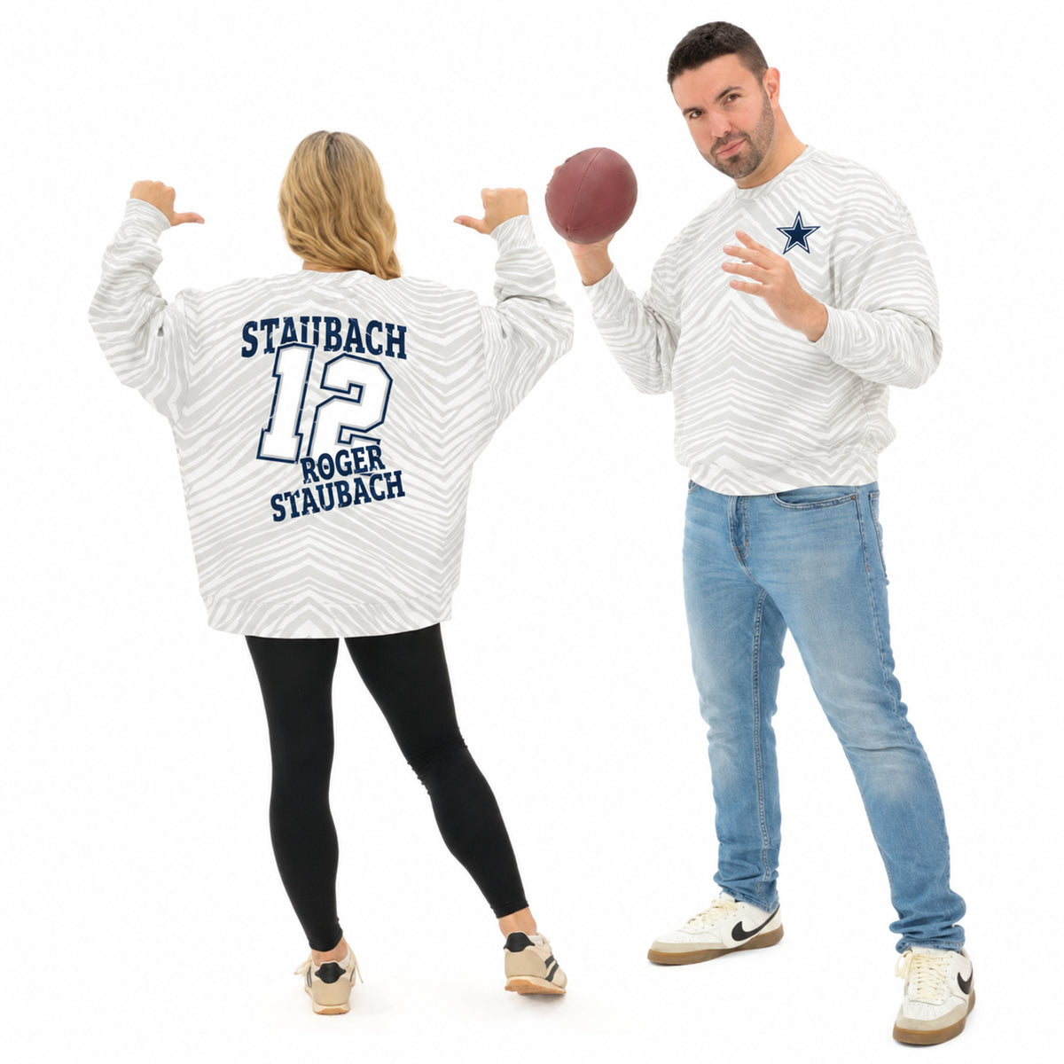 Zubaz NFL Dallas Cowboys Adult Unisex Legends Roger Staubach 90s Vintage Full Back Zebra Crewneck
