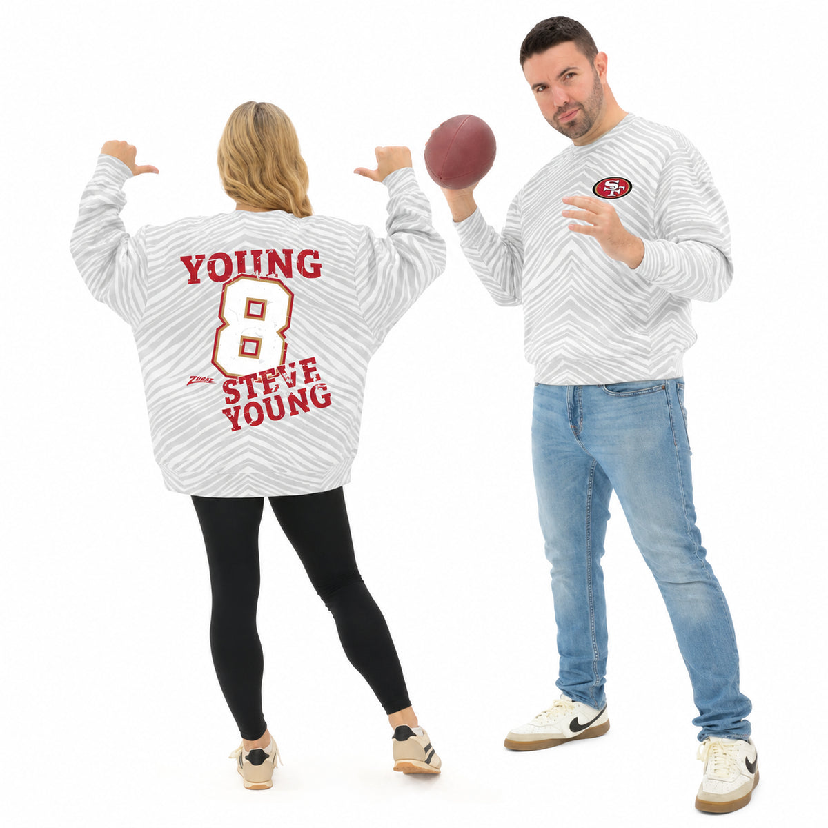 Zubaz NFL San Francisco 49ers Adult Unisex Legends Steve Young 90s Vintage Full Back Zebra Crewneck