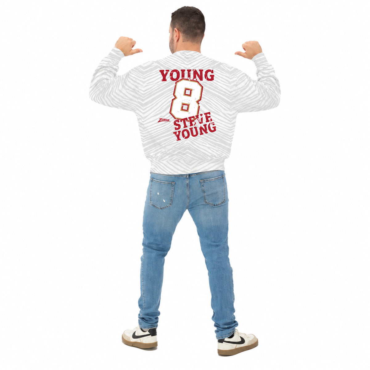 Zubaz NFL San Francisco 49ers Adult Unisex Legends Steve Young 90s Vintage Full Back Zebra Crewneck