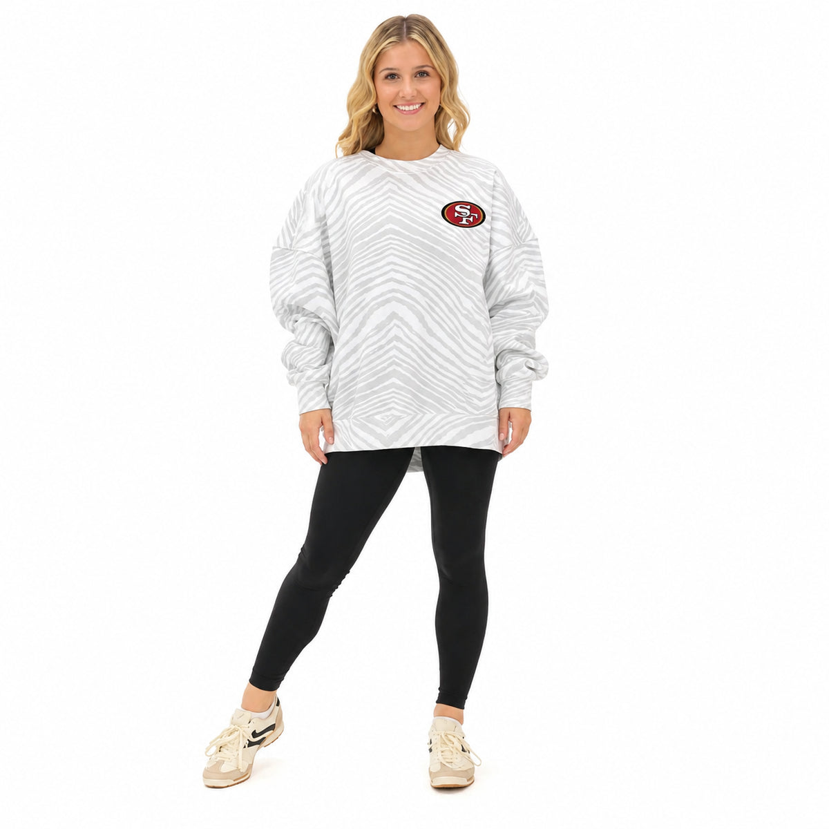 Zubaz NFL San Francisco 49ers Adult Unisex Legends Steve Young 90s Vintage Full Back Zebra Crewneck