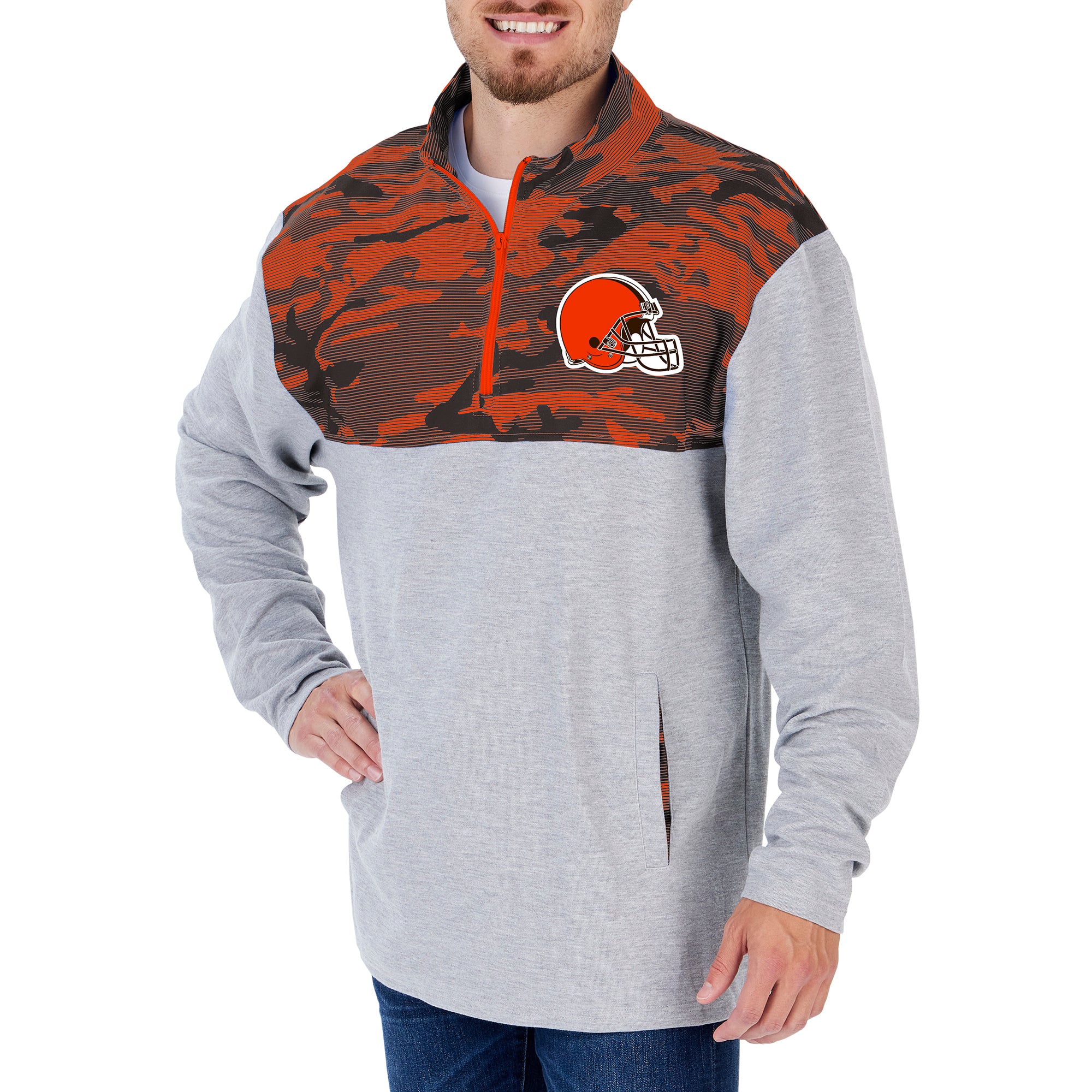 Zubaz NFL Men's Cleveland Browns Elevated 1/4 Zip Fleece Pullover With Camo Lines