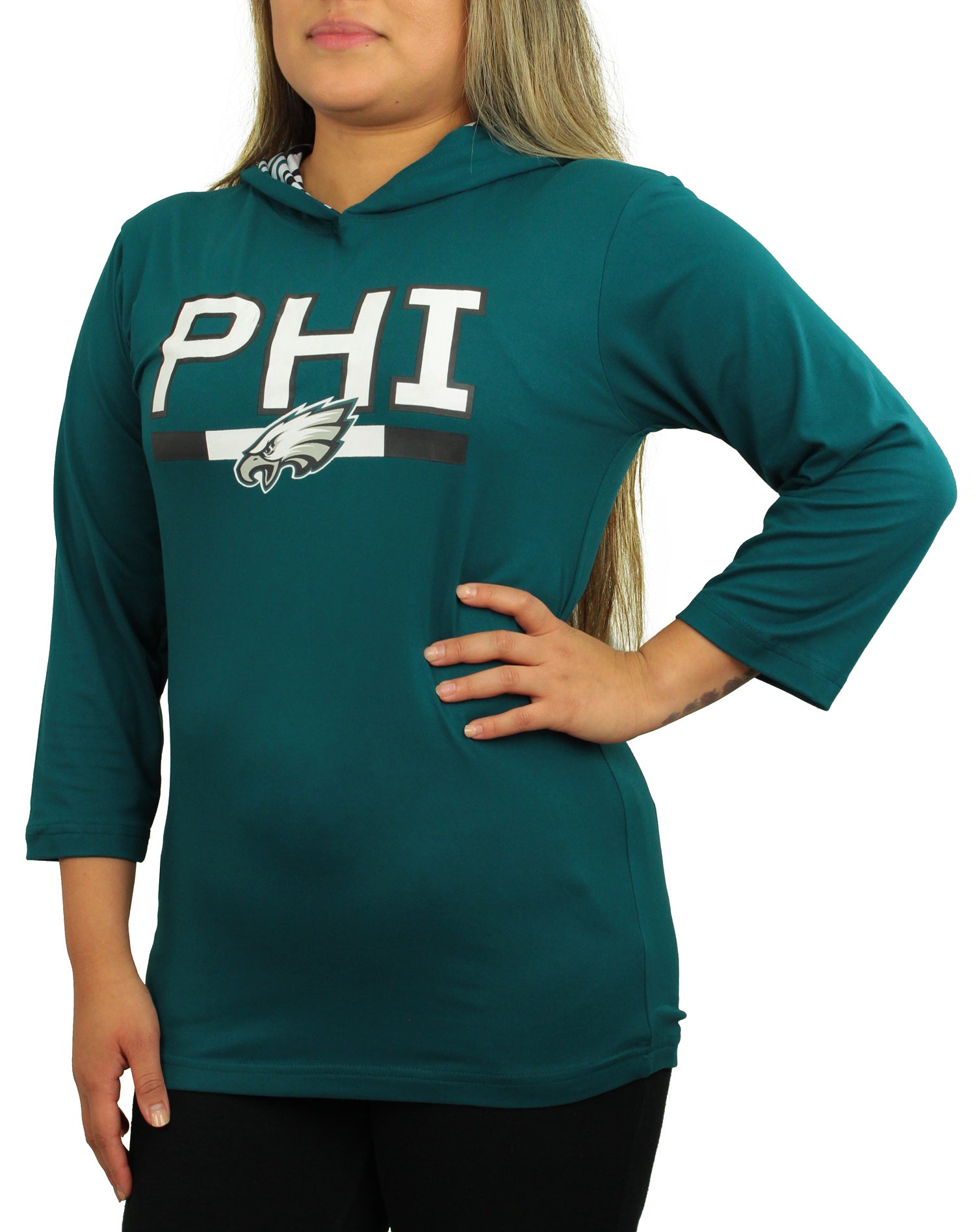 Zubaz NFL PHILADELPHIA EAGLES WOMENS SOLID TEAM COLOR 3/4 SLEEVE LIGHTWEIGHT HOOD W/ ZEBRA WAVE HOOD LINER Large