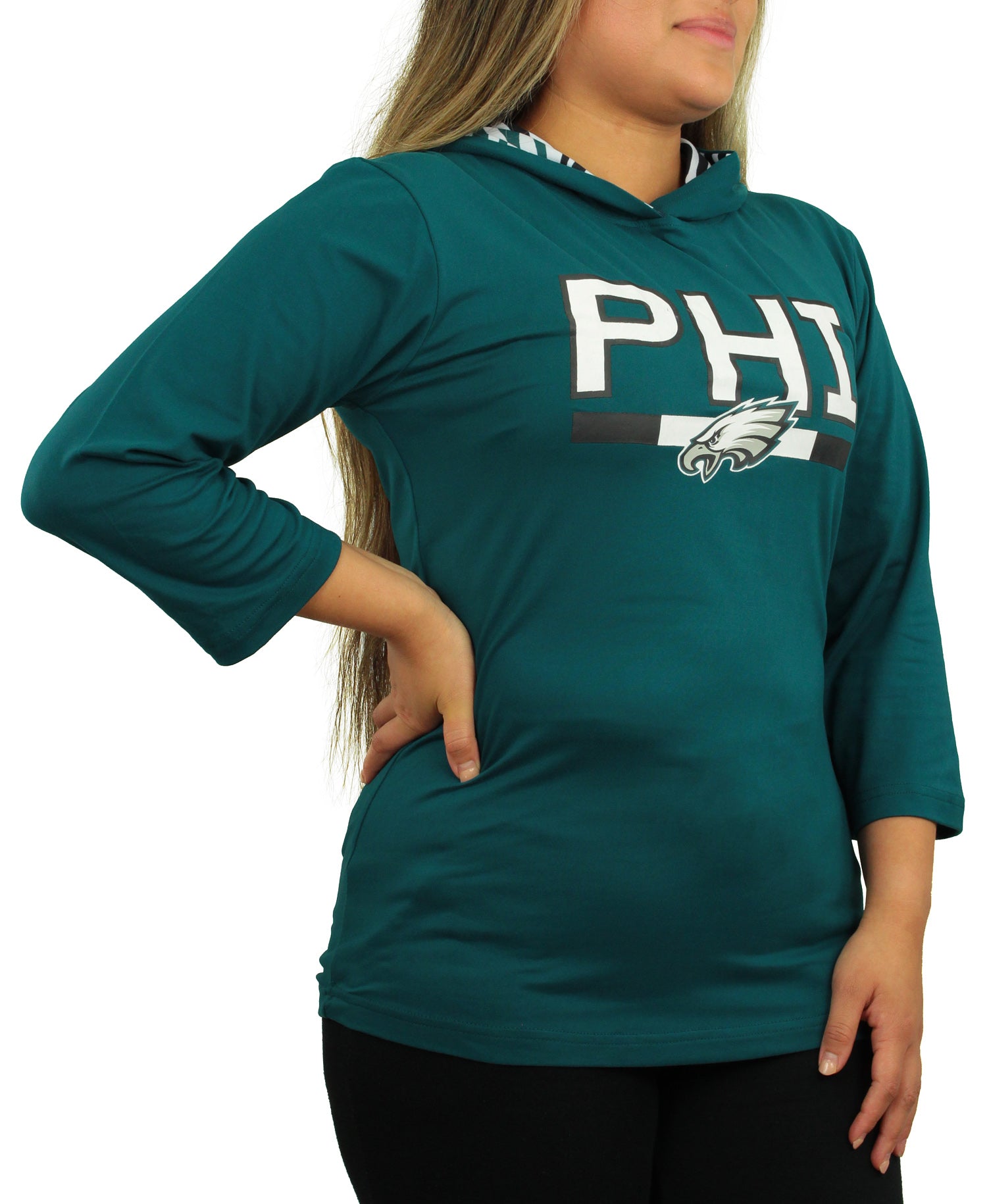 Zubaz NFL PHILADELPHIA EAGLES WOMENS SOLID TEAM COLOR 3/4 SLEEVE LIGHTWEIGHT HOOD W/ ZEBRA WAVE HOOD LINER Large