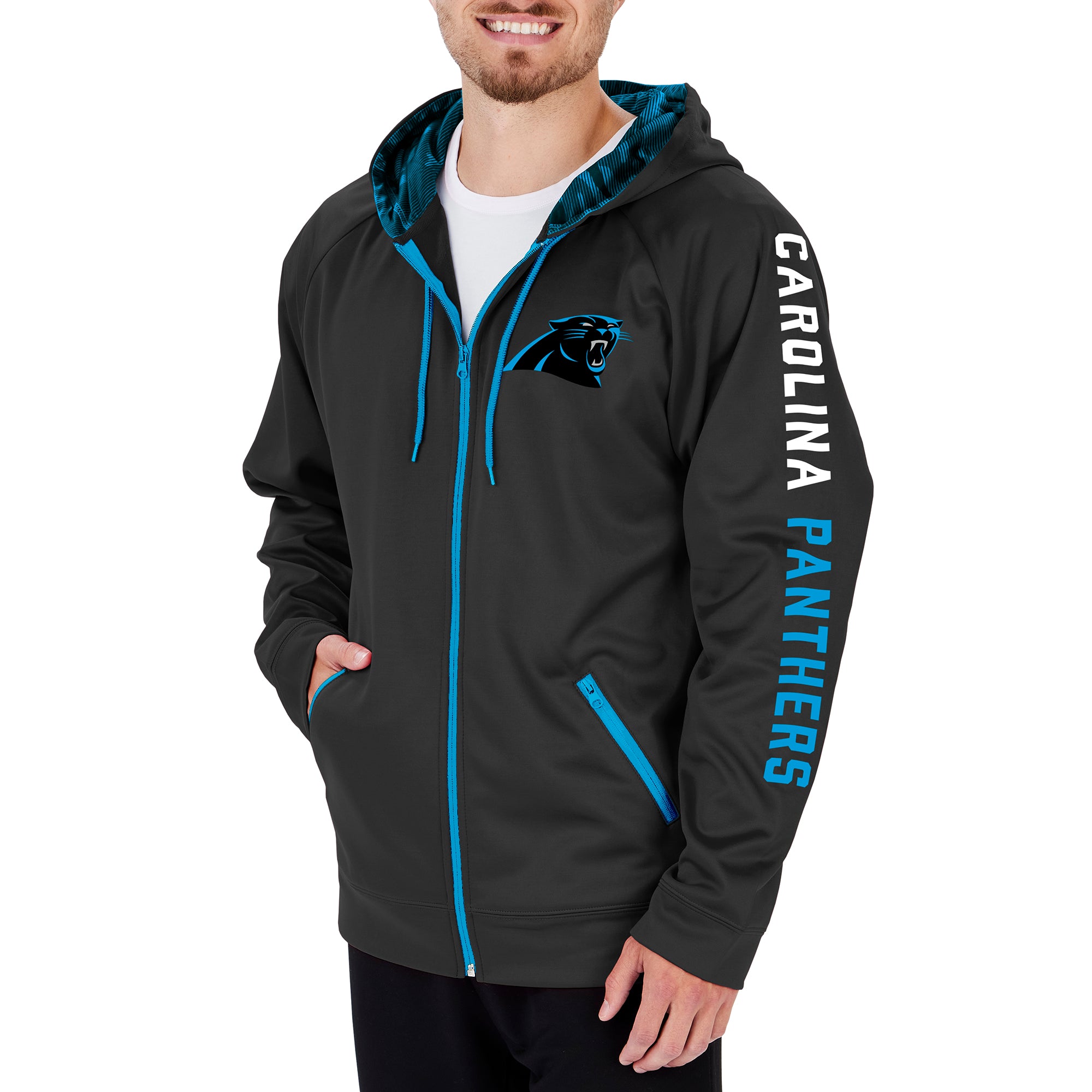 Zubaz NFL Men's CAROLINA PANTHERS SOLID BLACK FULL ZIP HOOD W/ BLACK/FLUORESCENT BLUE CAMO LINES HOOD LINER Large