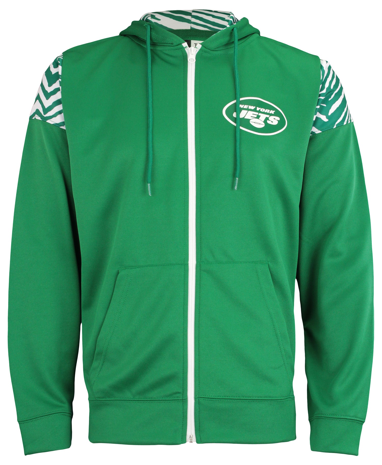 Zubaz Men's NFL Team Color Full Zip Hoodie with Primary Logo and Zebra Print Details - New York Jets