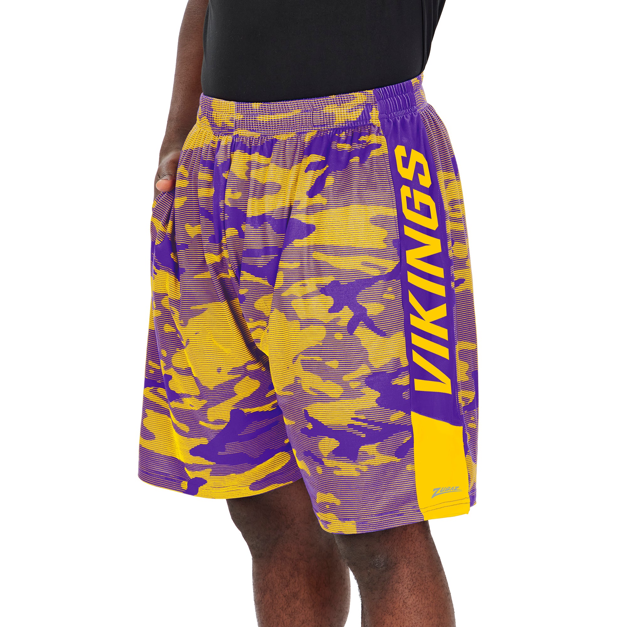 Zubaz NFL MENS MINNESOTA VIKINGS PURPLE/YELLOW CAMO LINES SHORT W/ SOLID SIDE PANELS Large