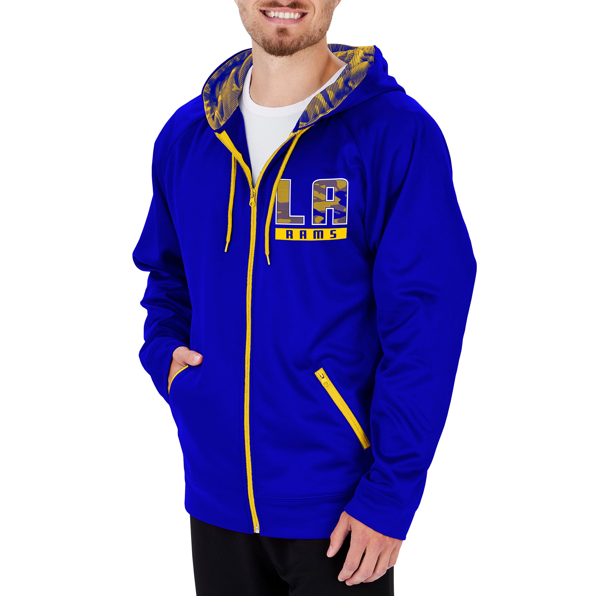 Zubaz NFL Men's Loas Angeles Rams Full Zip Camo Hoodie With Team Color Camo Lines