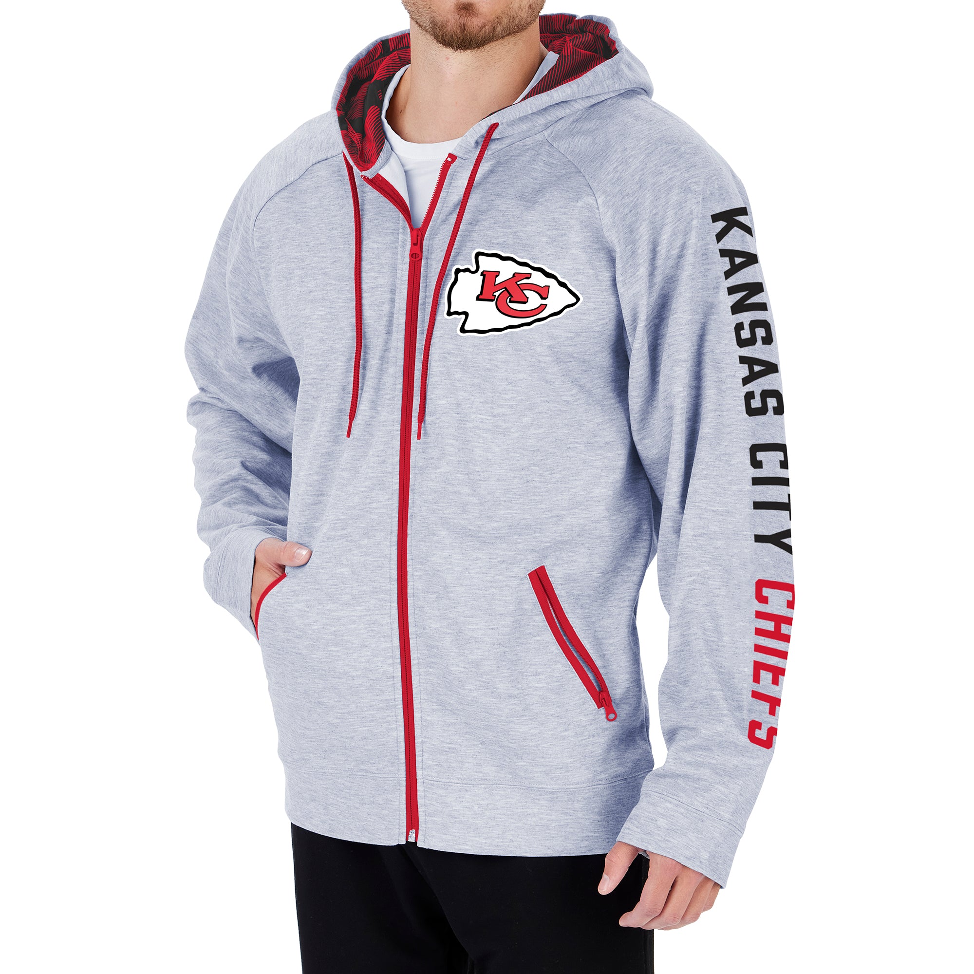 Zubaz Kansas City Chiefs NFL Men's Heather Gray Full Zip Hoodie with Camo Lines Accents