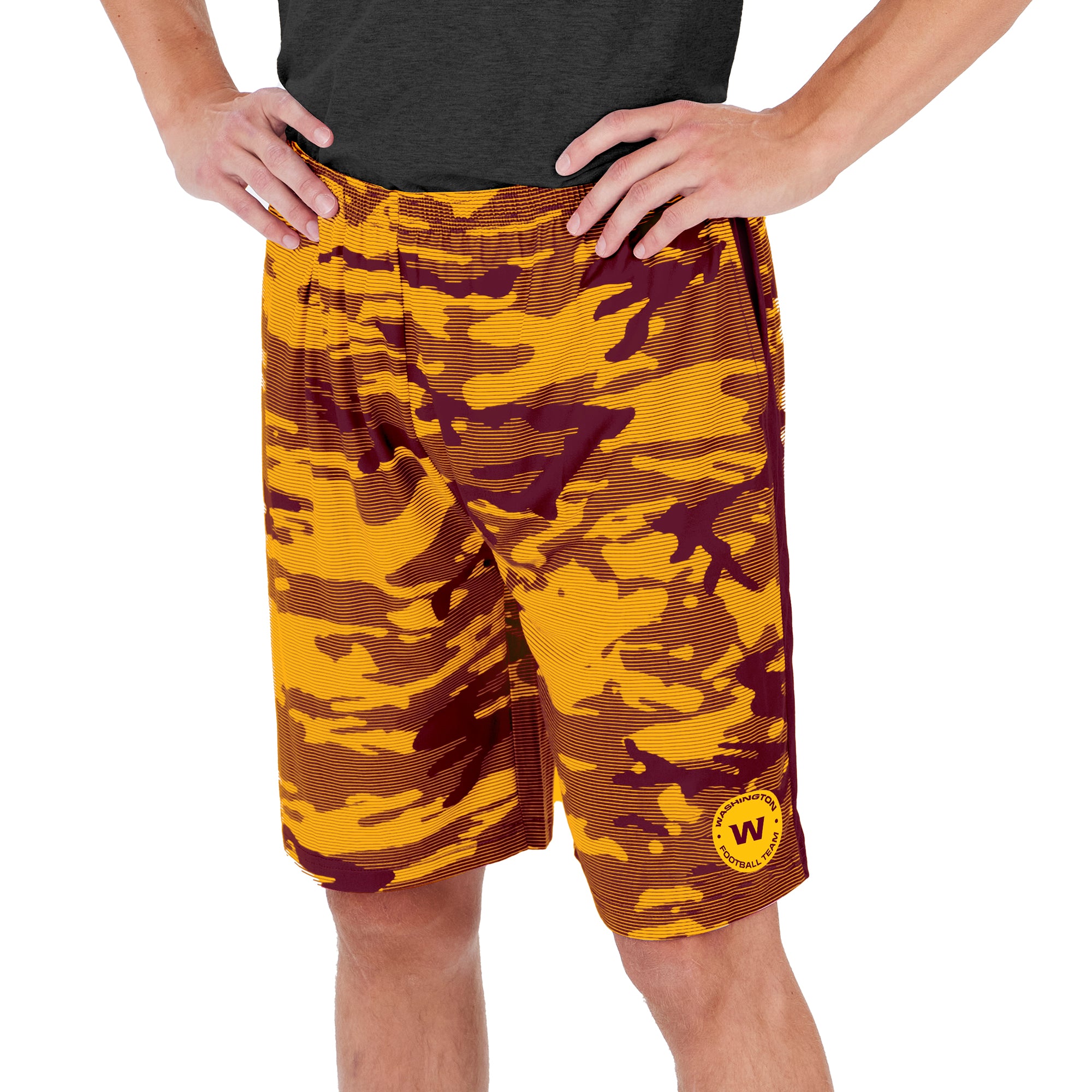 Zubaz NFL Men's WASHINGTON FOOTBALL TEAM BURGUNDY/GOLD CAMO LINES SHORT W/ SIDE STRIPE Large