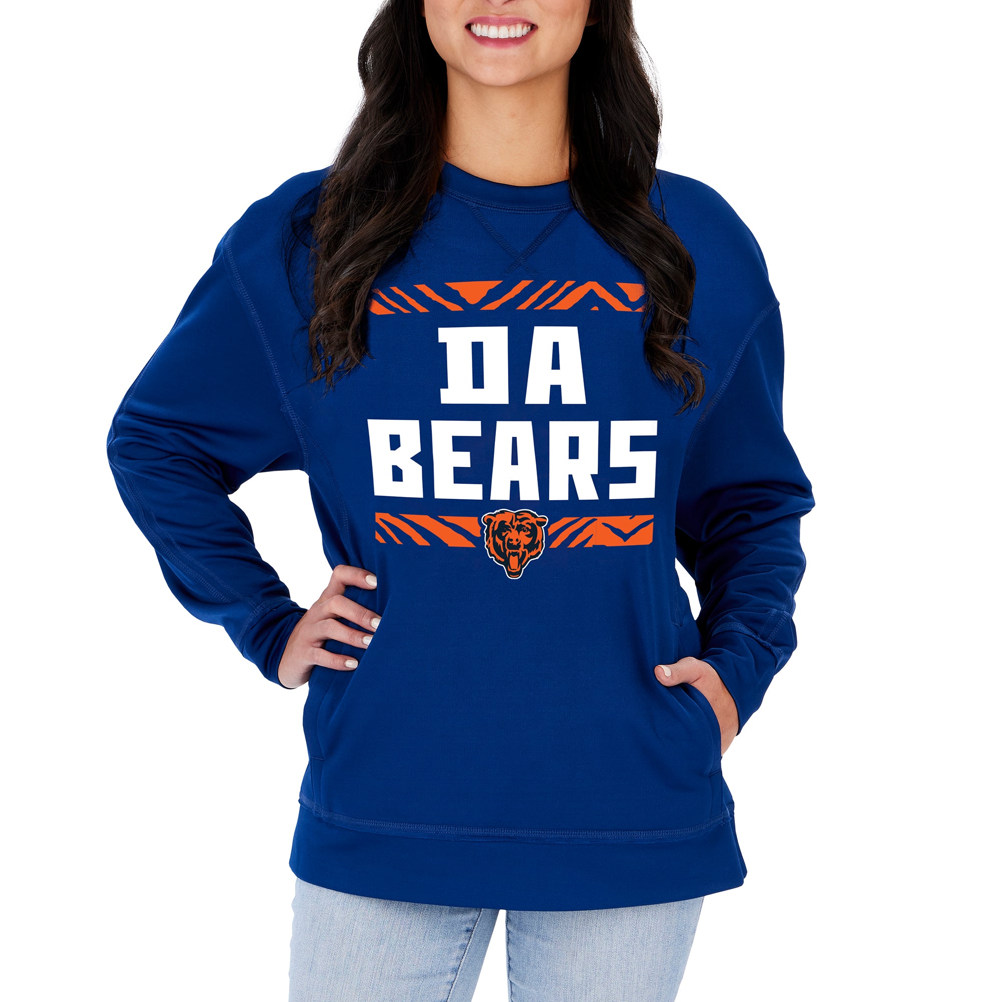 Zubaz NFL Women's Chicago Bears Team Color & Slogan Crewneck Sweatshirt