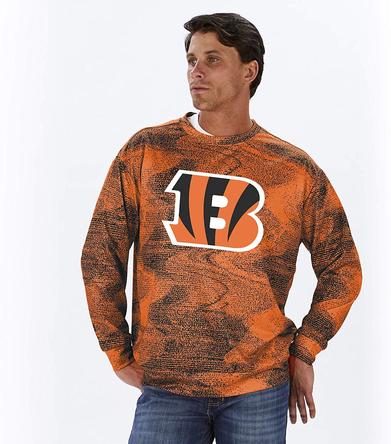 Zubaz NFL MENS CINCINNATI BENGALS BLACK/ORANGE STATIC CREW NECK SWEATSHIRT Large