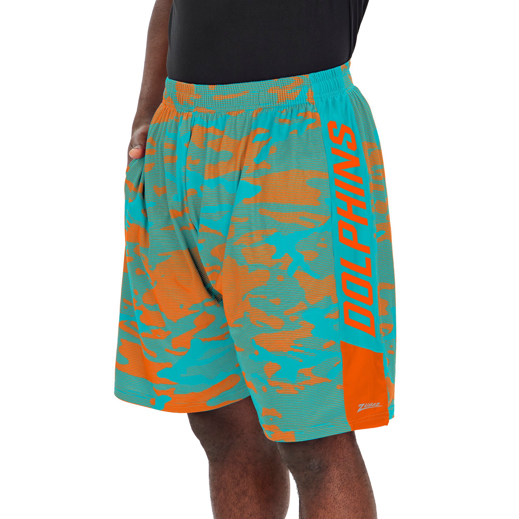 Zubaz NFL MENS MIAMI DOLPHINS AQUA/ORANGE CAMO LINES SHORT W/ SOLID SIDE PANELS Large