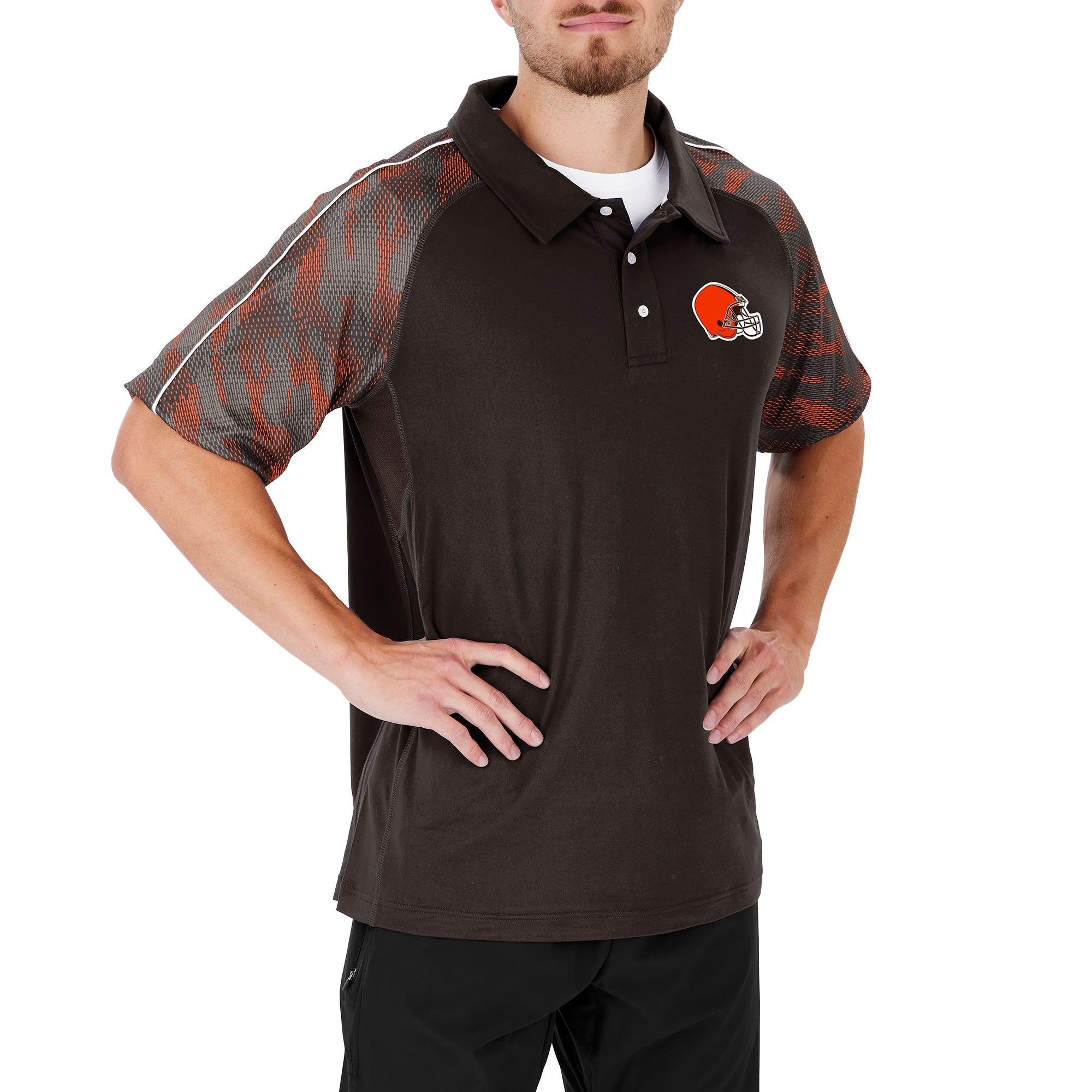 Zubaz NFL Men's CLEVELAND BROWNS BROWN ELEVATED FIELD POLO W/ BROWN/FIRE ORANGE VIPER PRINT ACCENT XXL