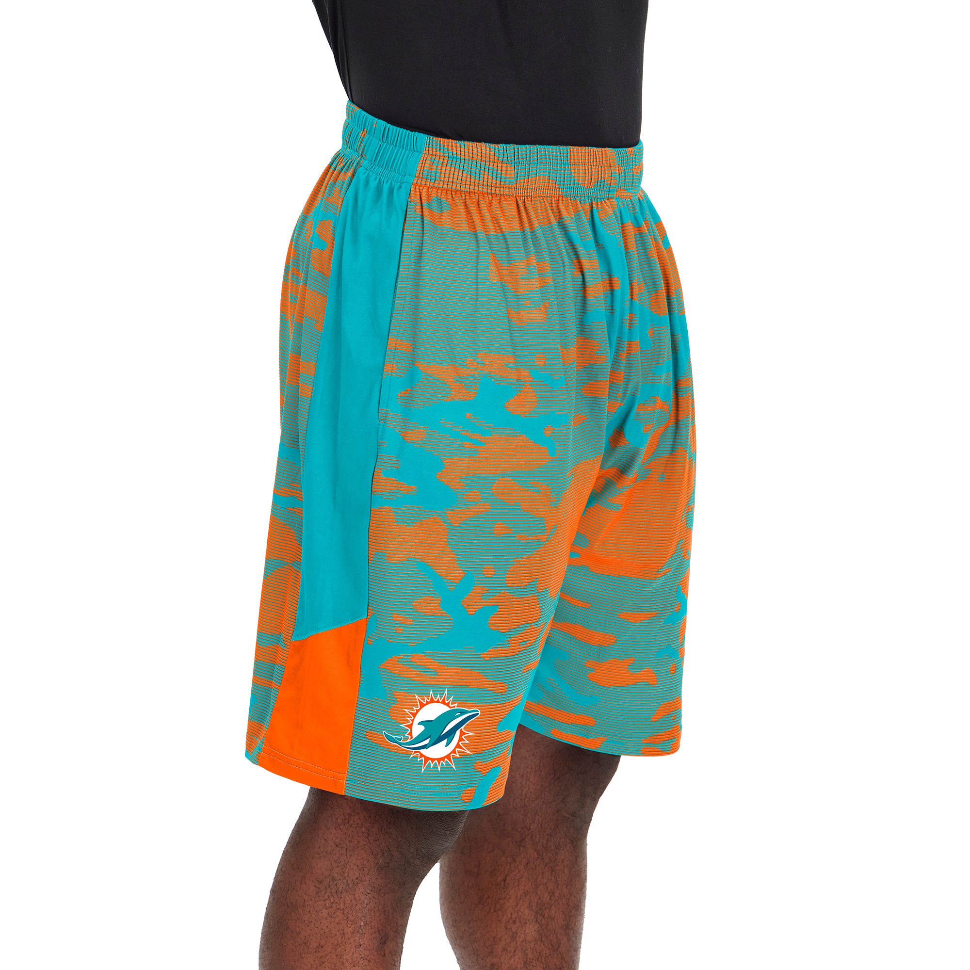 Zubaz NFL MENS MIAMI DOLPHINS AQUA/ORANGE CAMO LINES SHORT W/ SOLID SIDE PANELS Large