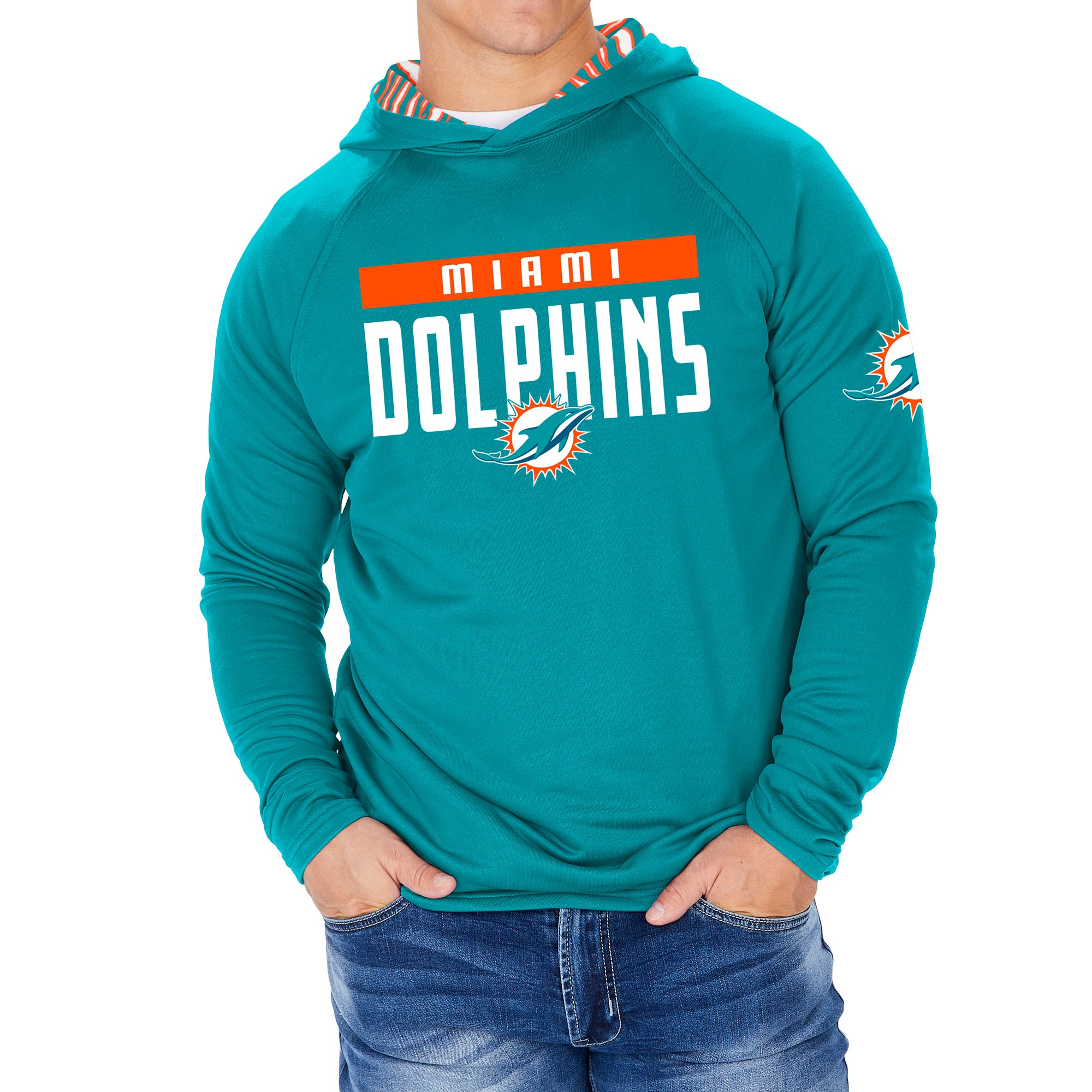 Zubaz NFL Men's Light Weight Team Color Hoodie With 3 Tone Zebra Lined Hood, Great Play Logo, Miami Dolphins