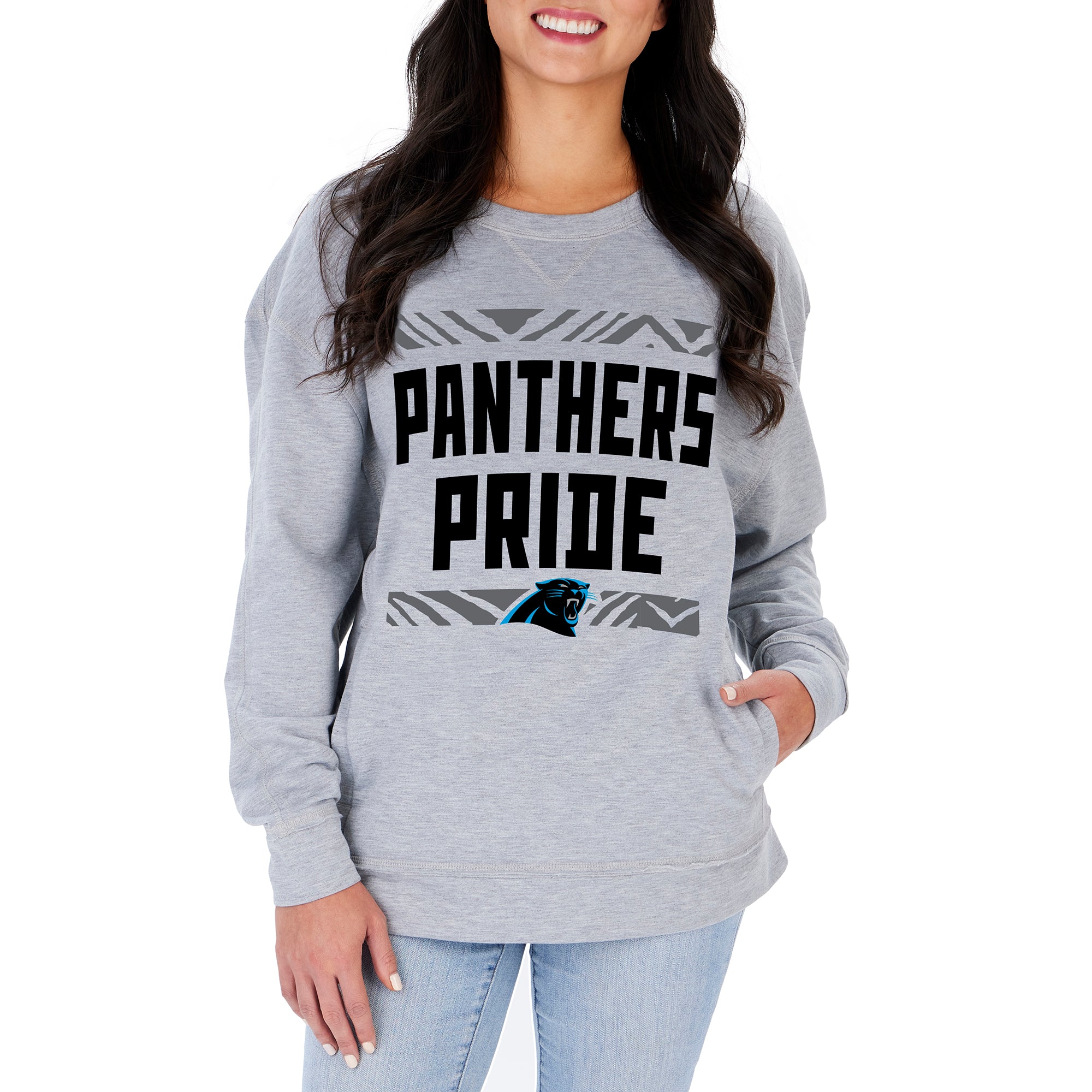 Zubaz NFL Women's Carolina Panthers Heather Gray Crewneck Sweatshirt