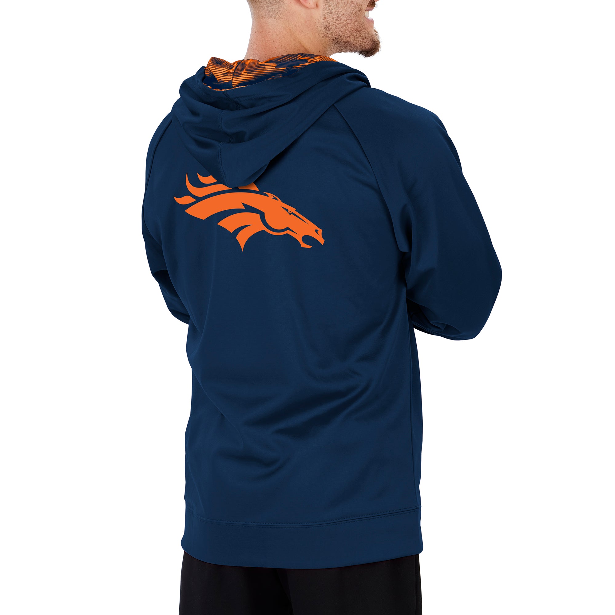 Zubaz NFL Men's DENVER BRONCOS SOLID NAVY BLUE FULL ZIP HOOD W/ NAVY BLUE/ORANGE CAMO LINES HOOD LINER XL