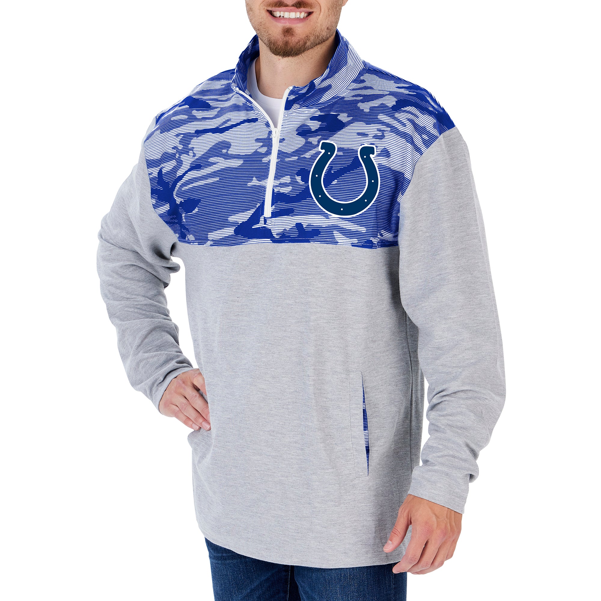 Zubaz Men's NFL Indianapolis Colts 1/4 Zip Fleece Pullover with Camo Lines