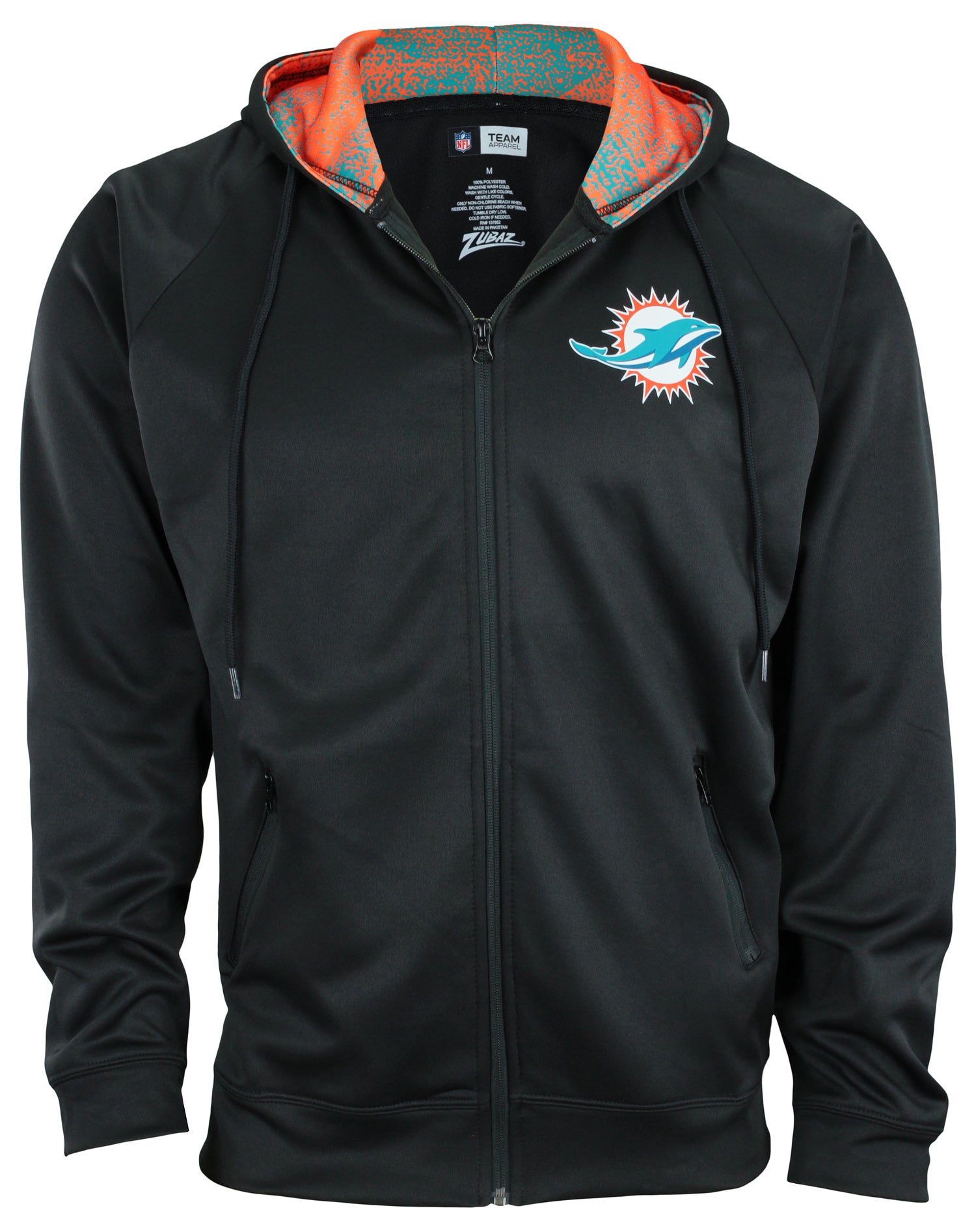 Zubaz NFL MIAMI DOLPHINS BLACK BODY AQUA/ORANGE STATIC LINER FULL ZIP HOOD Medium