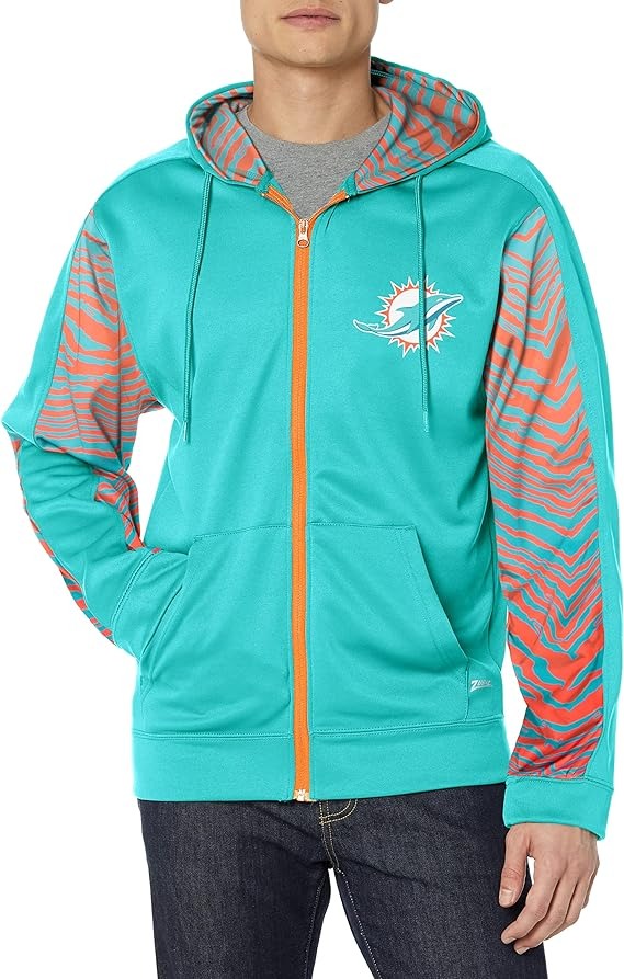 Zubaz NFL MEN'S MIAMI DOLPHINS TEAM COLOR FULL ZIP HOOD W/ 2-COLOR ZEBRA ACCENTS