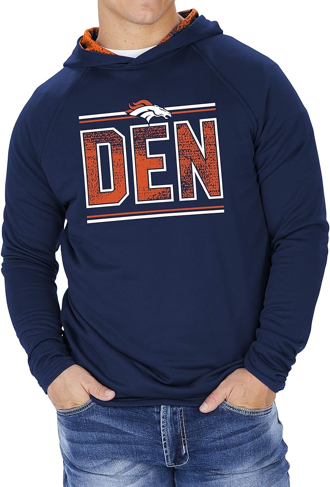 Zubaz Men's DENVER BRONCOS SOLID NAVY BLUE FRENCH TERRY LW HOOD W/ STATIC HOOD LINER & GRAPHIC LARGE