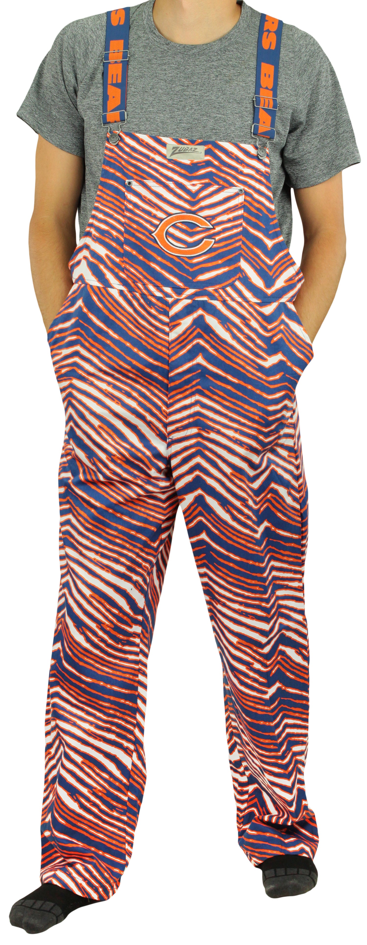 Zubaz NFL Unisex Zebra Lined Bib Overalls for Adult Men and Women, Chicago Bears