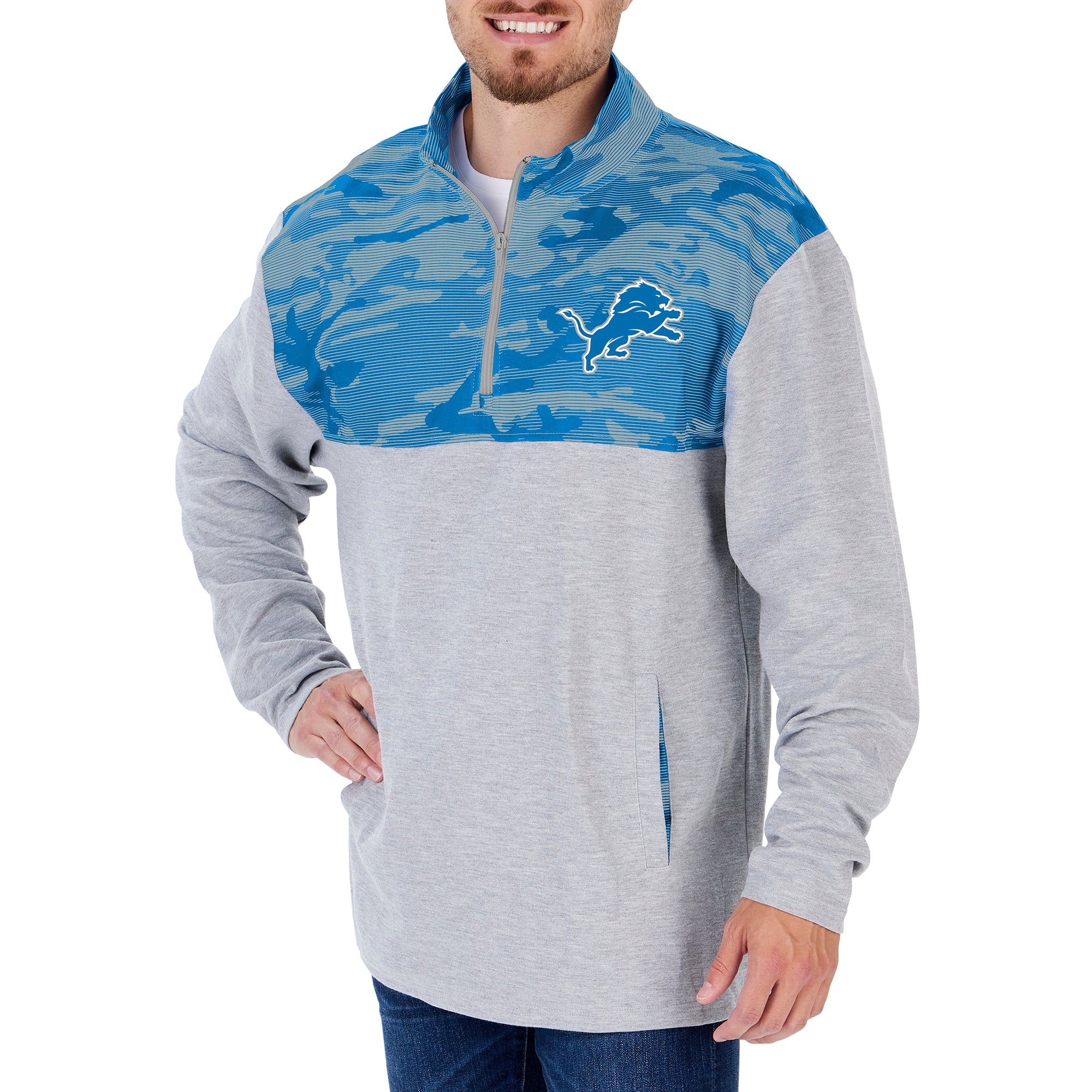 Zubaz NFL Men's Detroit Lions Gray 1/4 Zip Fleece Pullover With Camo Lines