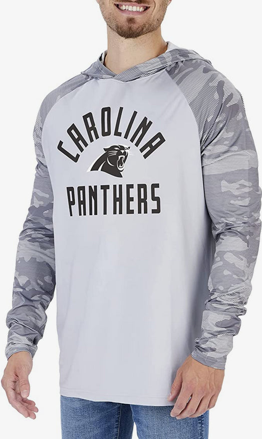 Zubaz Carolina Panthers NFL Men's Grey Lightweight Hoodie with Tonal Camo Sleeves