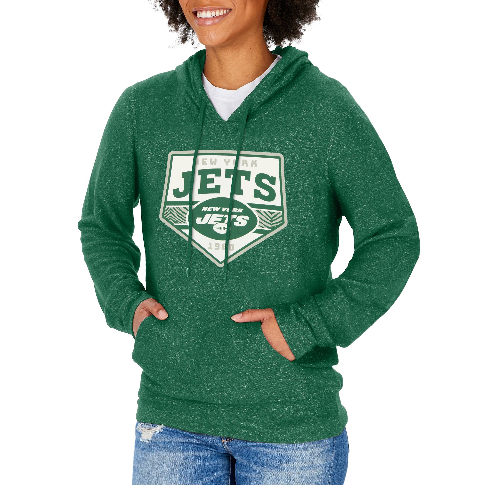 Zubaz NFL NEW YORK JETS WOMENS TEAM COLOR SOFT HOOD W/ PENTAGON GRAPHIC