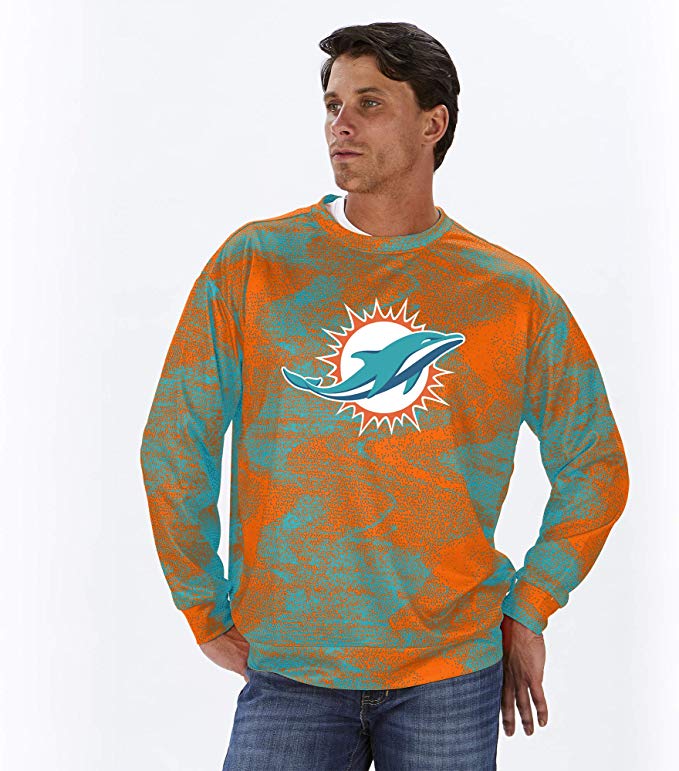 Zubaz NFL MENS MIAMI DOLPHINS MARINA/ORANGE STATIC CREW NECK SWEATSHIRT Large