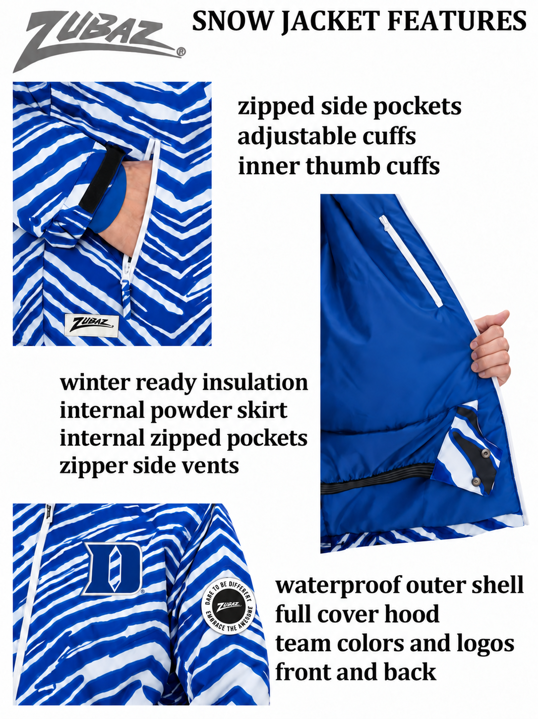 Zubaz NCAA Duke Blue Devils Adult Unisex Team Color Zebra Bleacher Blazer Snow Jacket — features with circular Zubaz sleeve patch