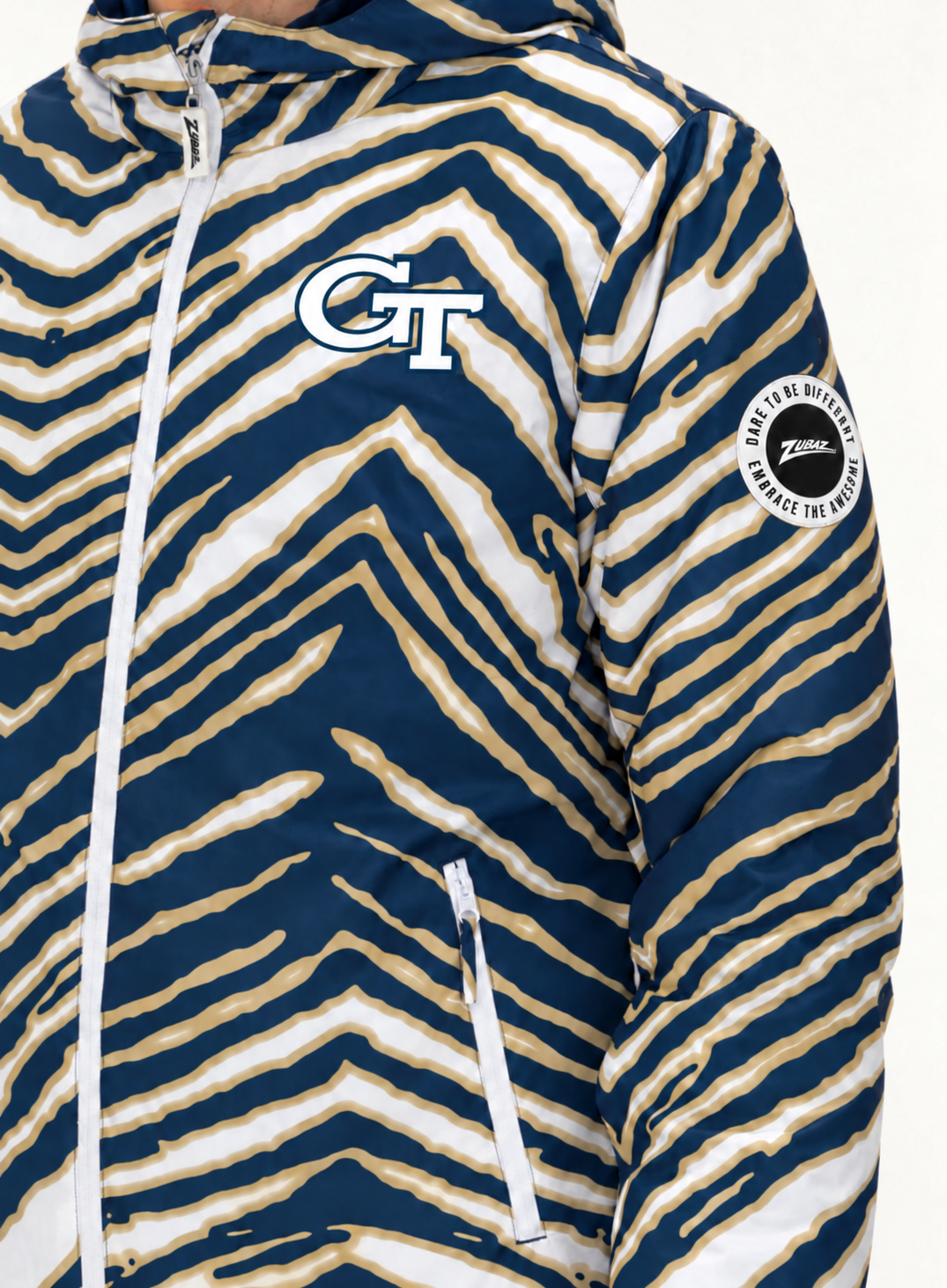 Zubaz NCAA Georgia Tech Yellow Jackets Adult Unisex Team Color Zebra Bleacher Blazer Snow Jacket — detail with circular Zubaz sleeve patch