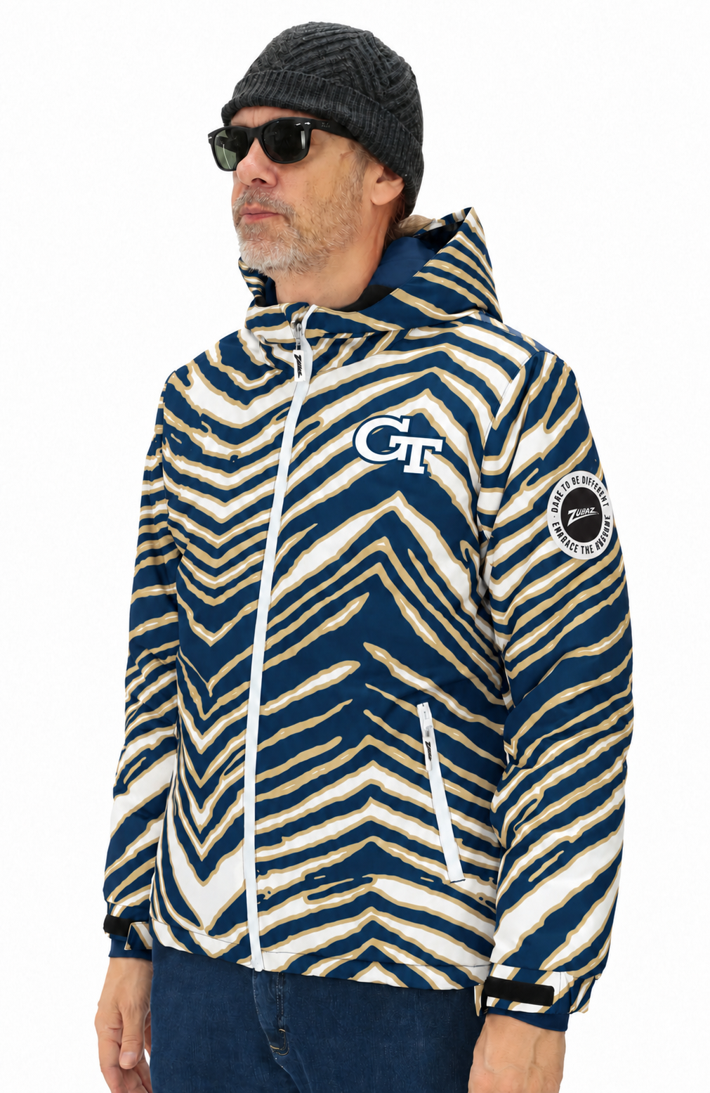 Zubaz NCAA Georgia Tech Yellow Jackets Adult Unisex Team Color Zebra Bleacher Blazer Snow Jacket — front hood down with circular Zubaz sleeve patch