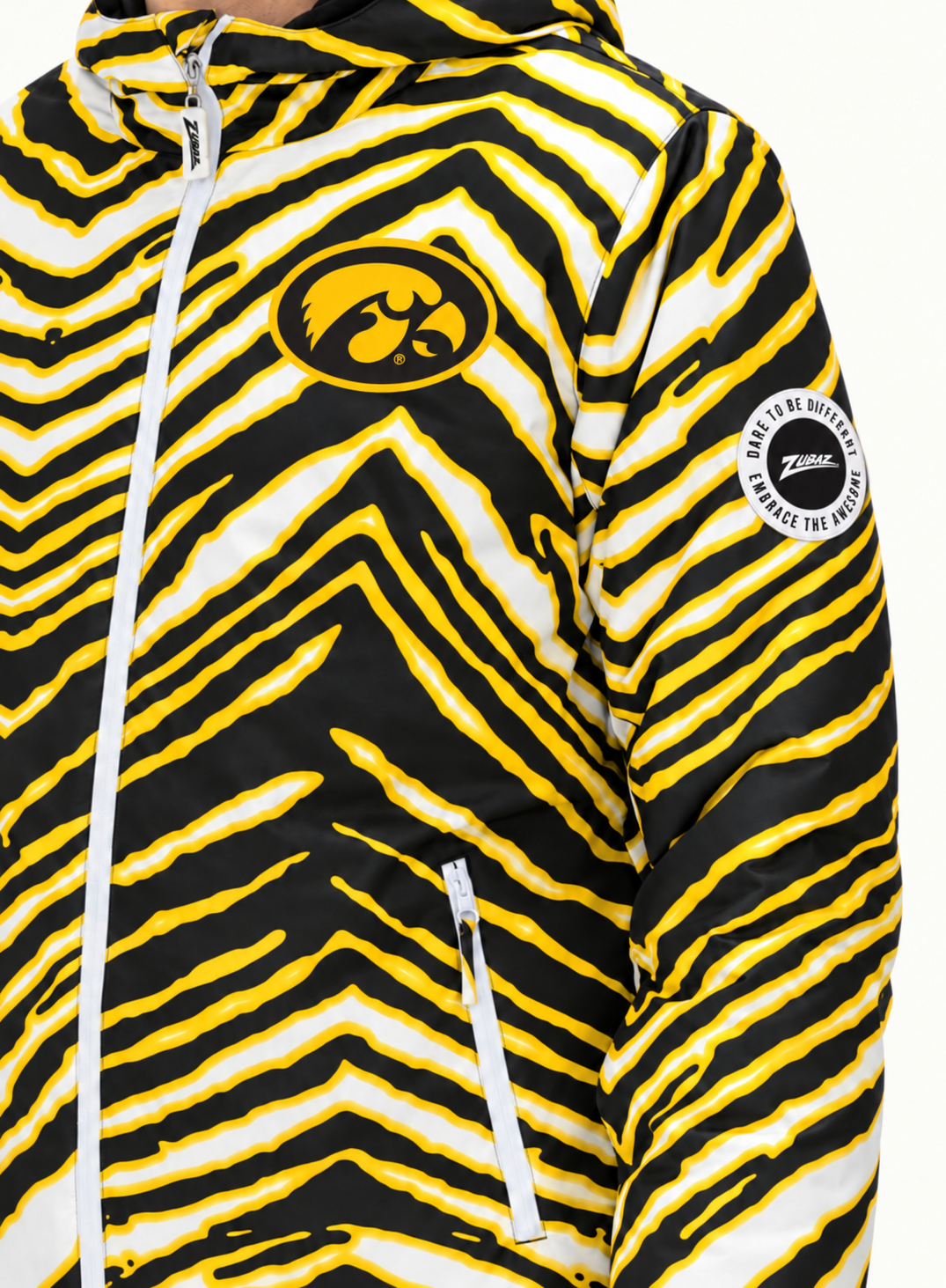 Zubaz NCAA Iowa Hawkeyes Adult Unisex Team Color Zebra Bleacher Blazer Snow Jacket — detail with circular Zubaz sleeve patch
