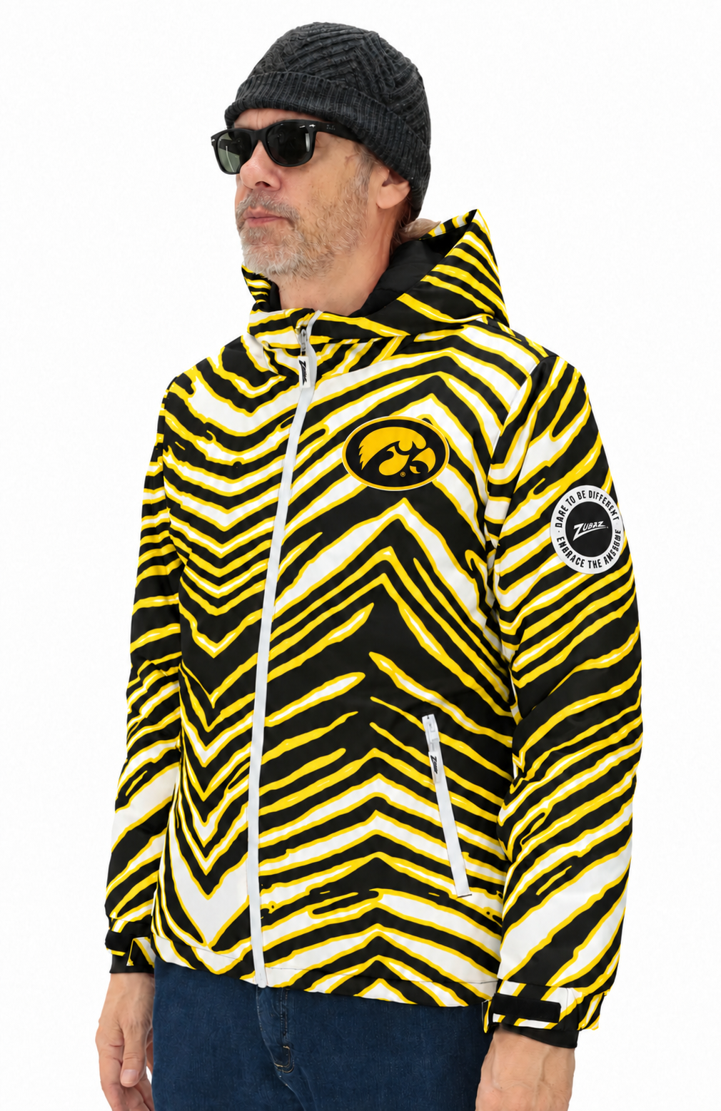 Zubaz NCAA Iowa Hawkeyes Adult Unisex Team Color Zebra Bleacher Blazer Snow Jacket — front hood down with circular Zubaz sleeve patch