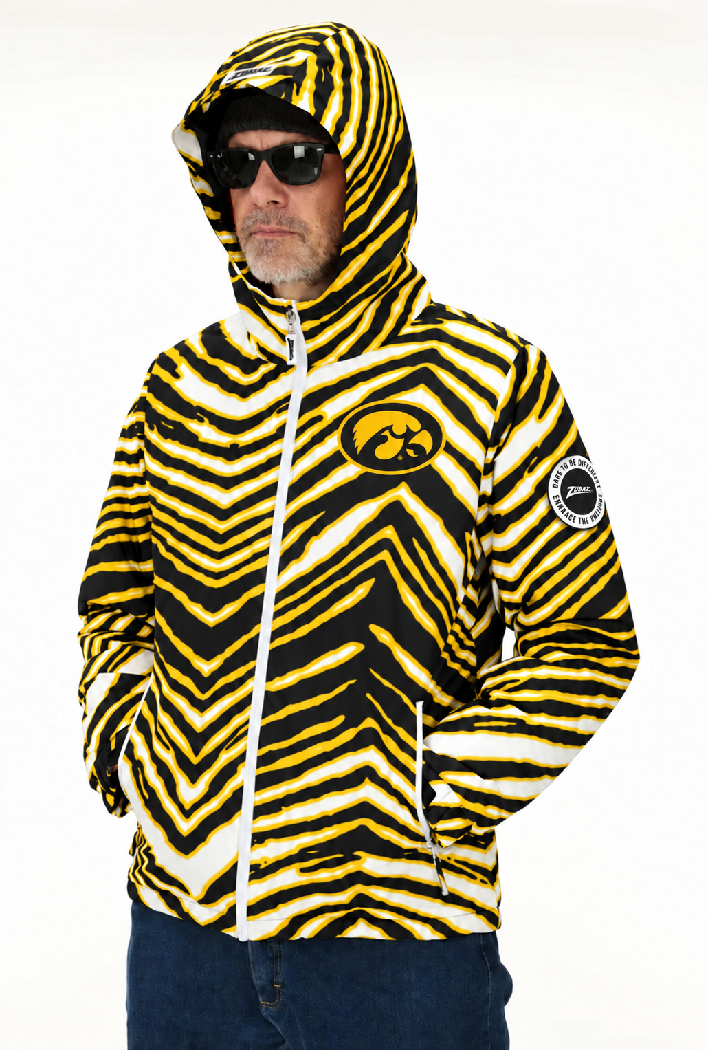 Zubaz NCAA Iowa Hawkeyes Adult Unisex Team Color Zebra Bleacher Blazer Snow Jacket — front hood up with circular Zubaz sleeve patch