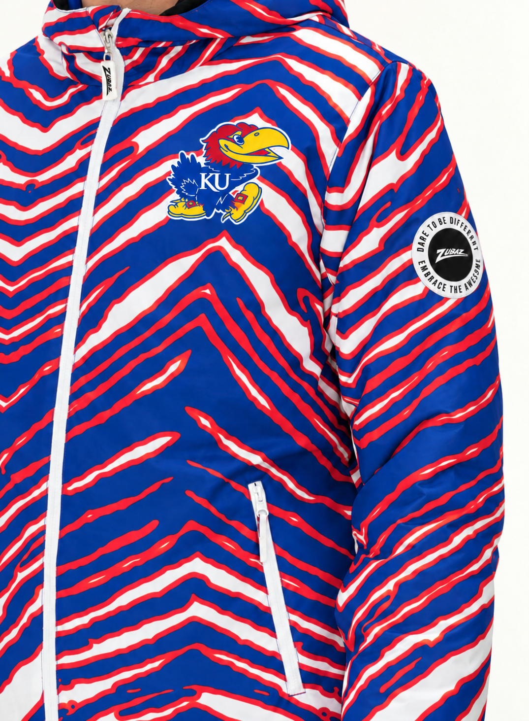 Zubaz NCAA Kansas Jayhawks Adult Unisex Team Color Zebra Bleacher Blazer Snow Jacket — detail with circular Zubaz sleeve patch